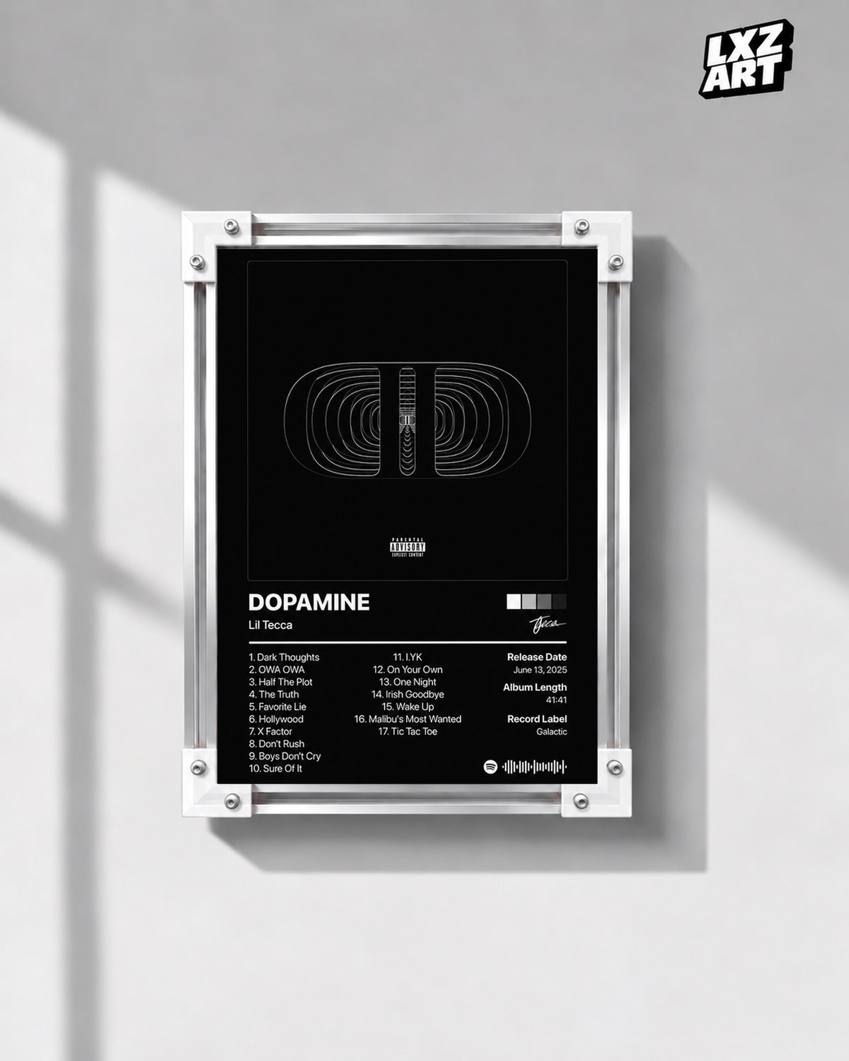 Lil Tecca Dopamine Tracklist Poster — gray wall front view; frame for display only