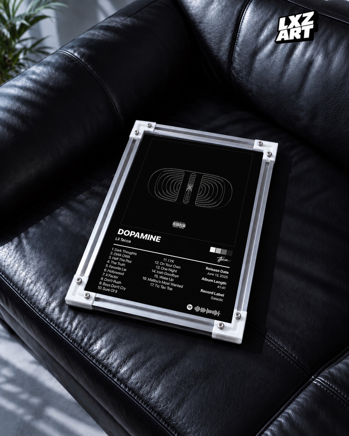 Lil Tecca Dopamine Tracklist Poster — black leather sofa; frame for display only