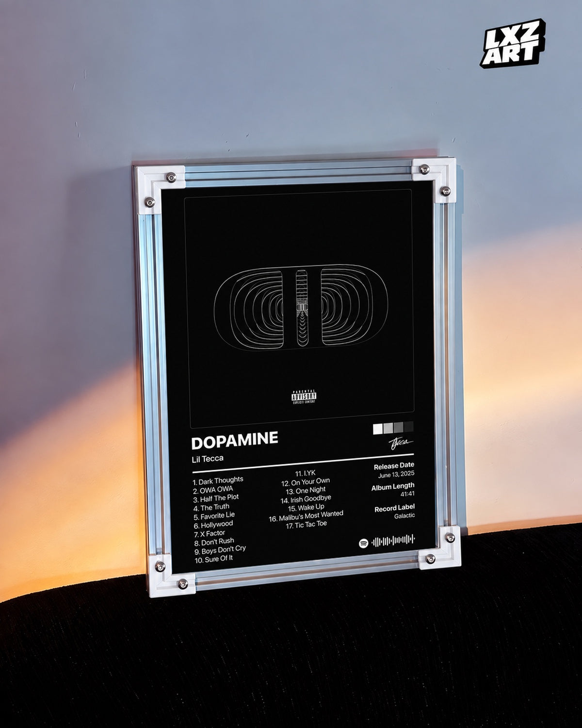Lil Tecca Dopamine Tracklist Poster — warm light wall; frame for display only