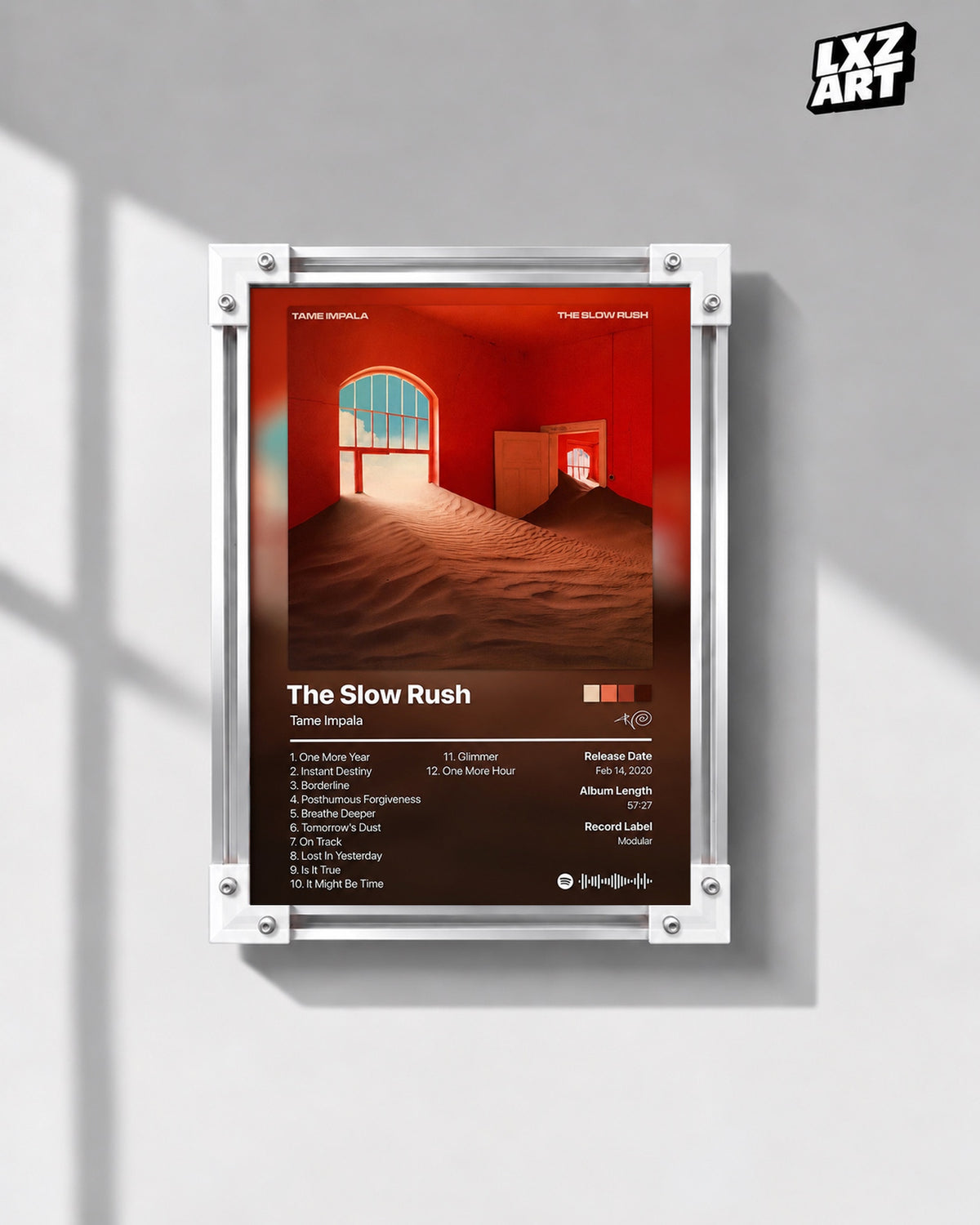 Tame Impala The Slow Rush Tracklist Poster — gray wall front view; frame for display only