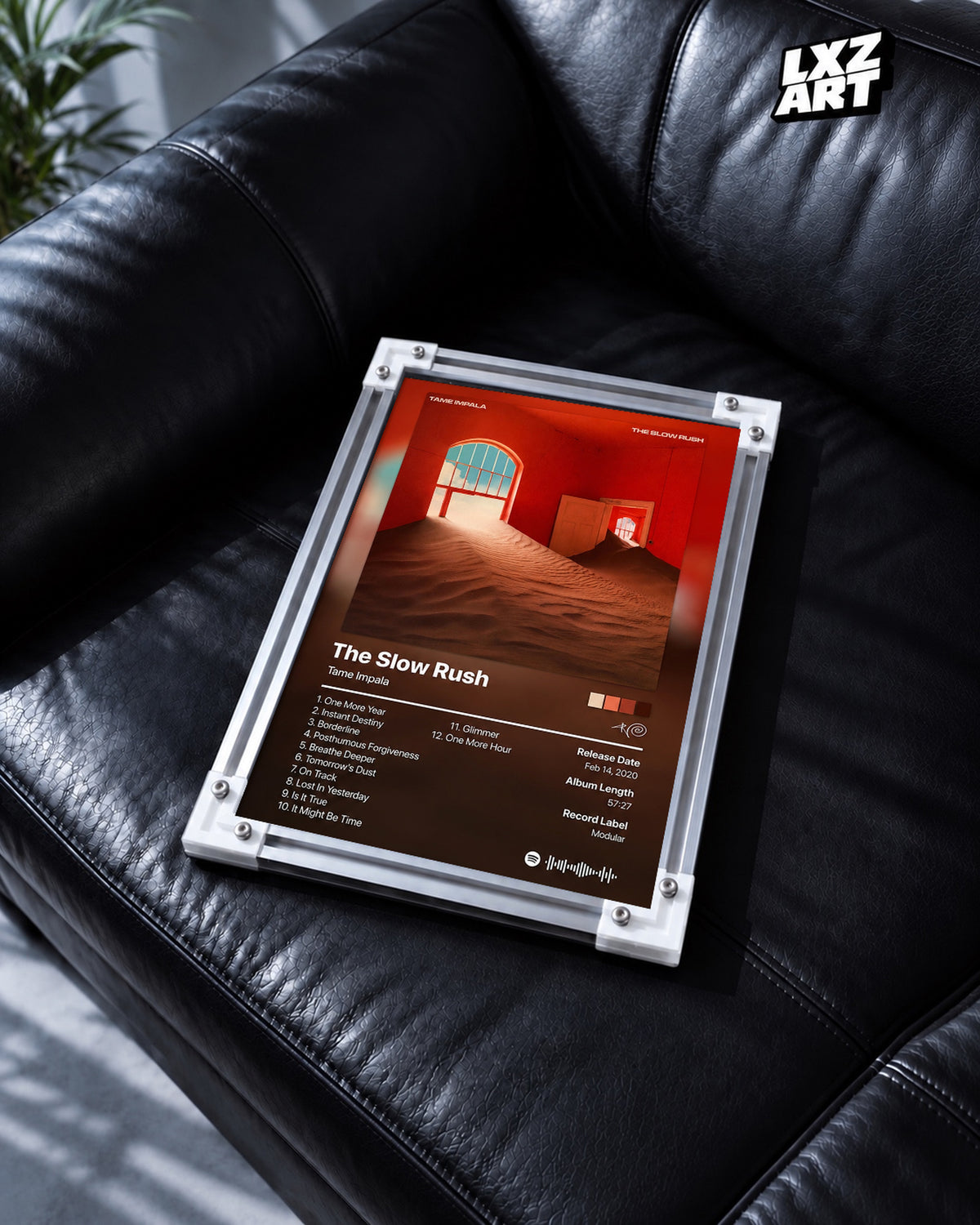 Tame Impala The Slow Rush Tracklist Poster — black leather sofa; frame for display only