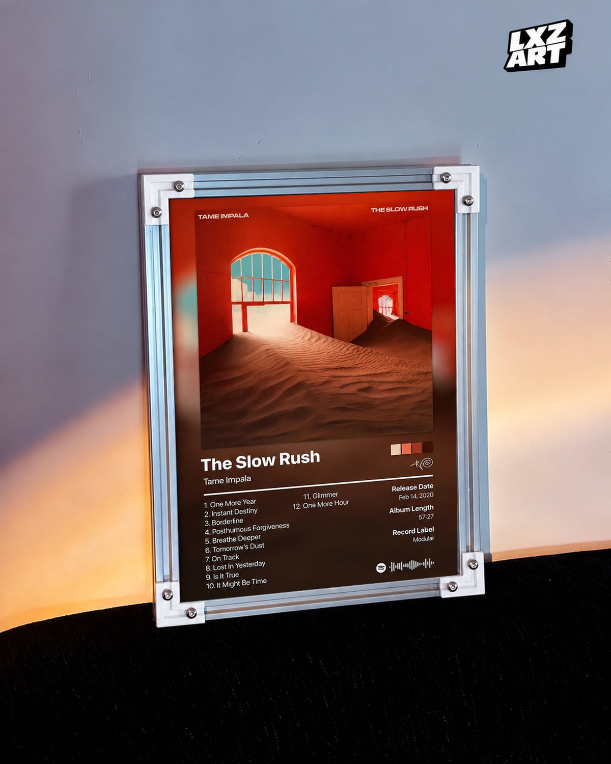 Tame Impala The Slow Rush Tracklist Poster — warm light wall; frame for display only