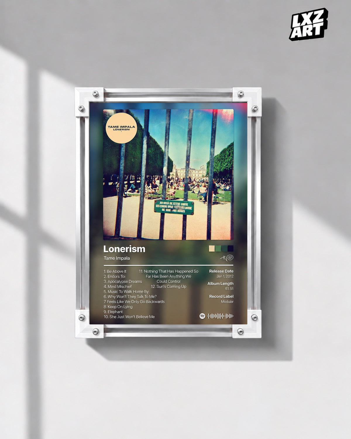Tame Impala Lonerism Tracklist Poster — gray wall front view; frame for display only
