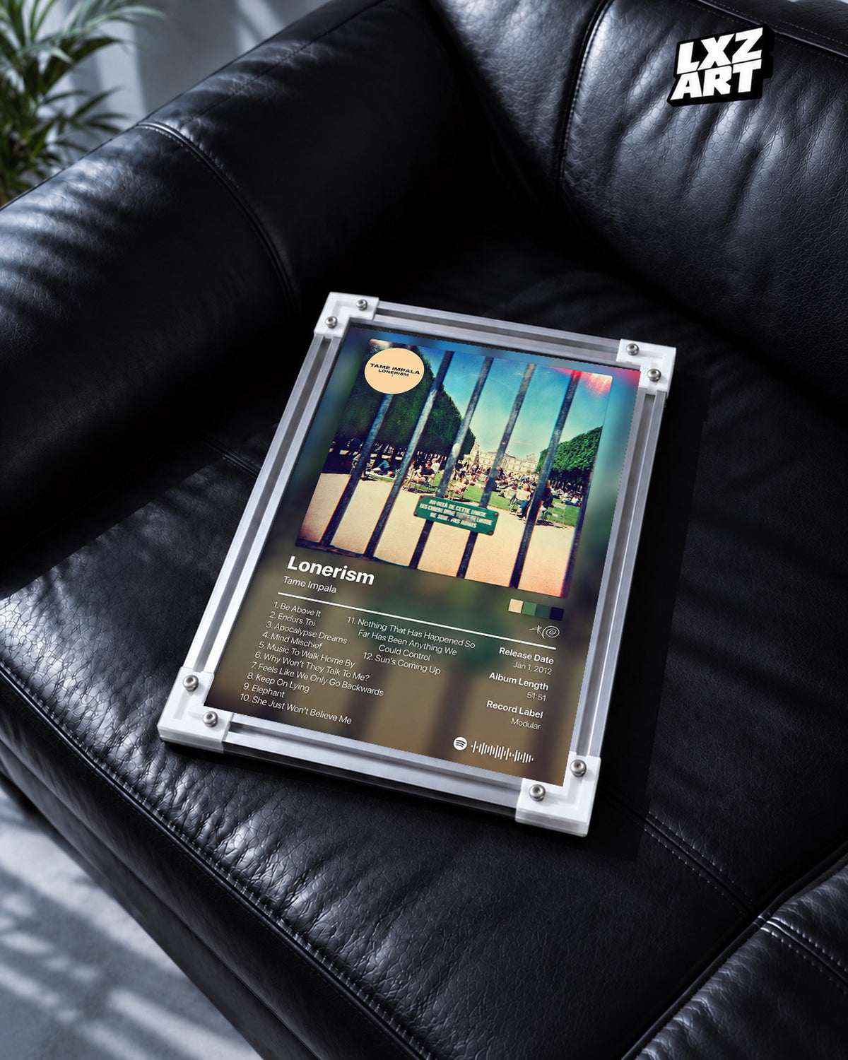 Tame Impala Lonerism Tracklist Poster — black leather sofa; frame for display only