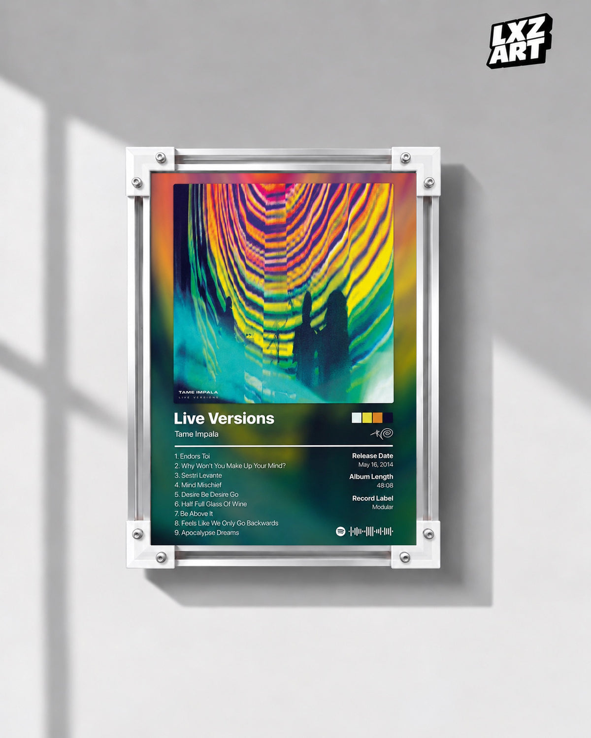Tame Impala Live Versions Tracklist Poster — gray wall front view; frame for display only