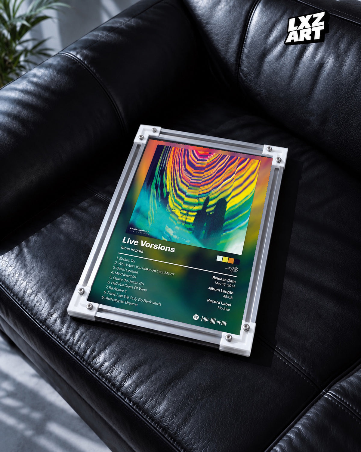Tame Impala Live Versions Tracklist Poster — black leather sofa; frame for display only