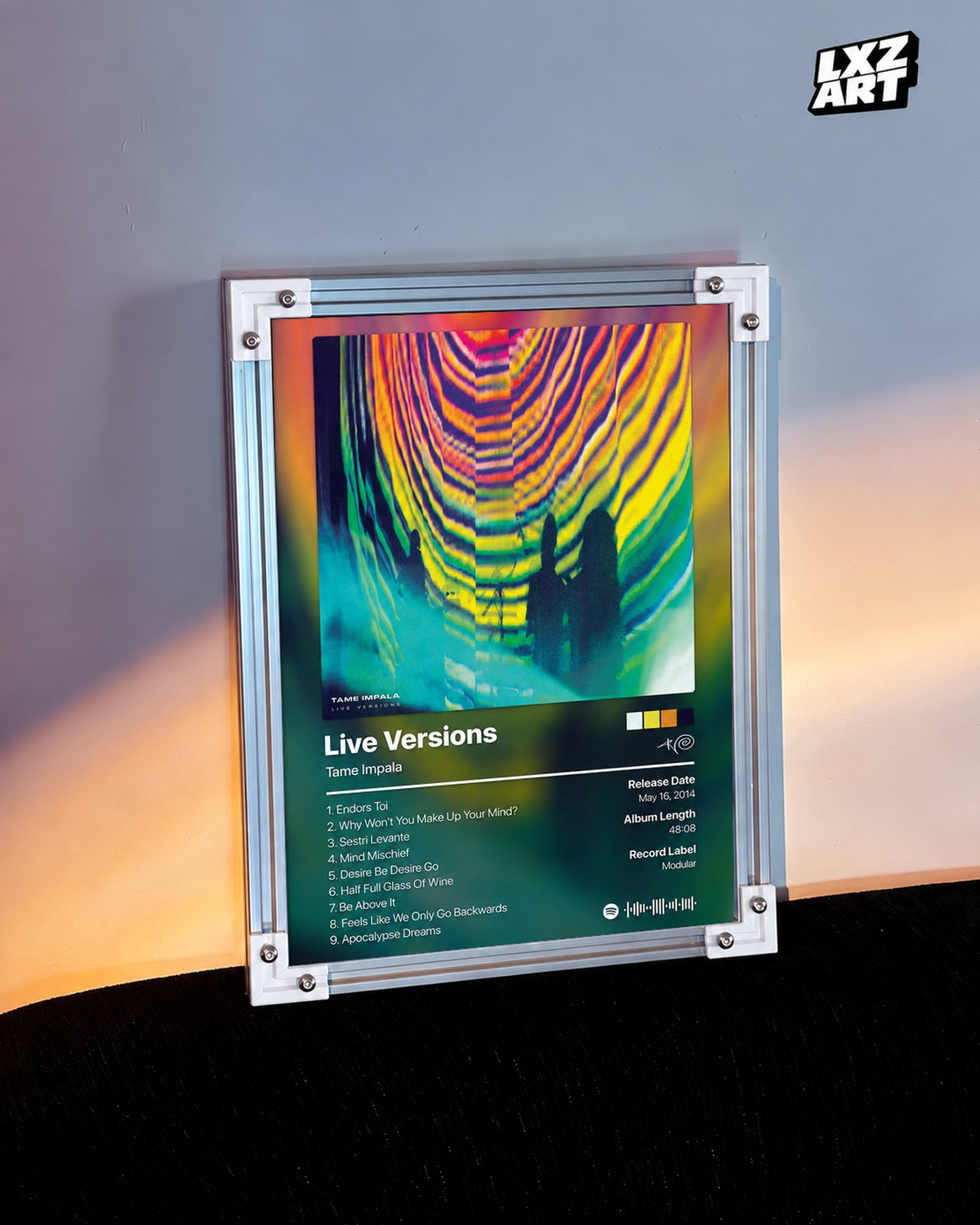 Tame Impala Live Versions Tracklist Poster — warm light wall; frame for display only