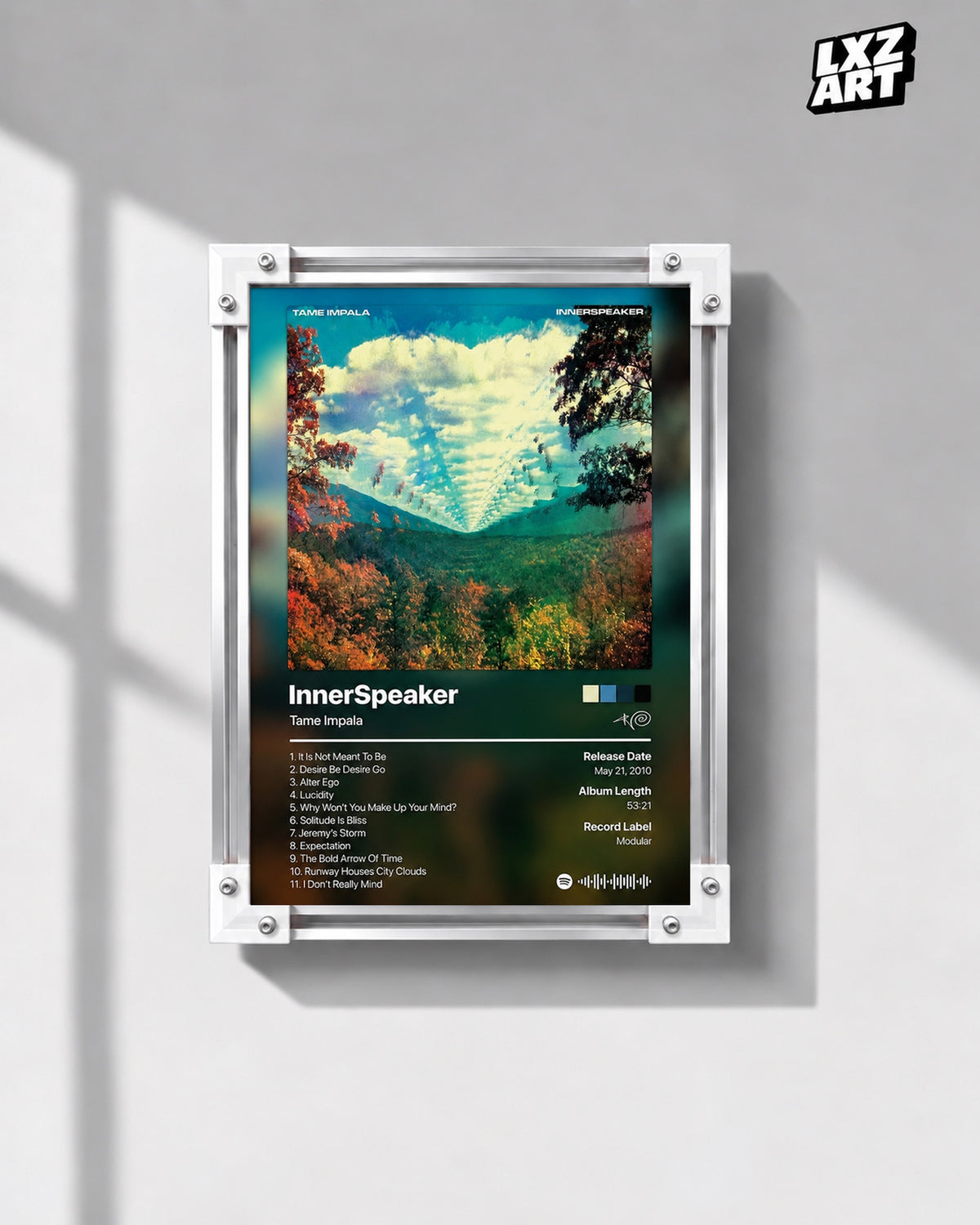 Tame Impala InnerSpeaker Tracklist Poster — gray wall front view; frame for display only