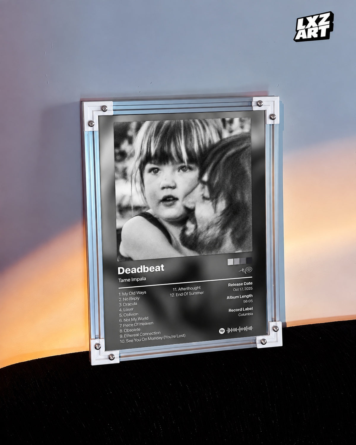 Tame Impala Deadbeat Tracklist Poster — warm light wall; frame for display only