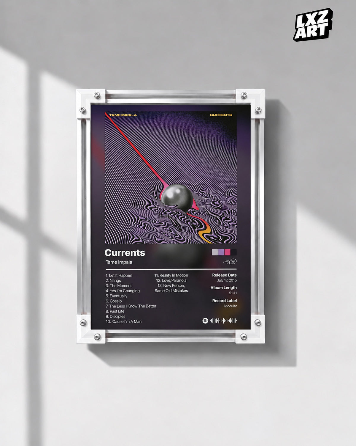 Tame Impala Currents Tracklist Poster — gray wall front view; frame for display only