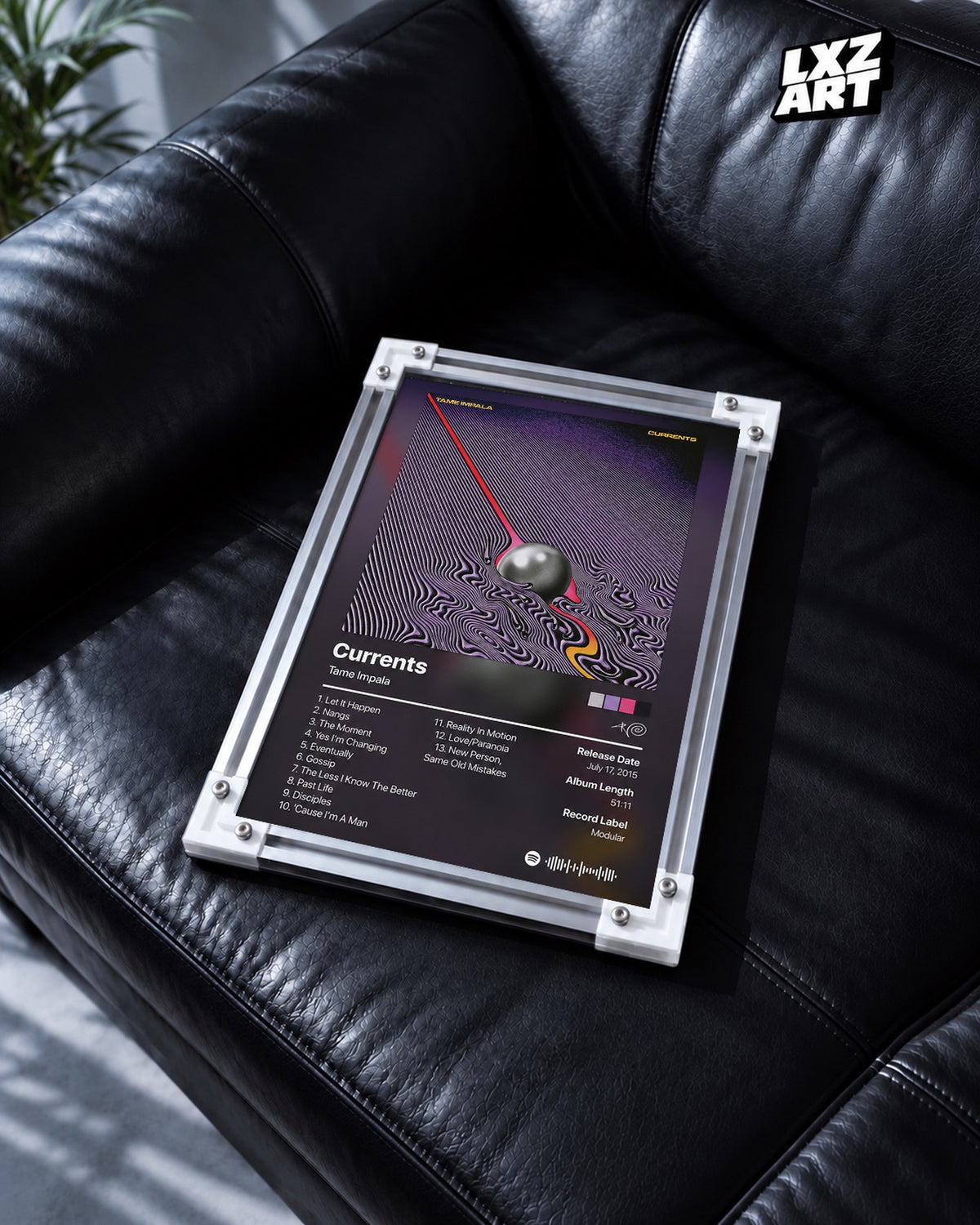Tame Impala Currents Tracklist Poster — black leather sofa; frame for display only