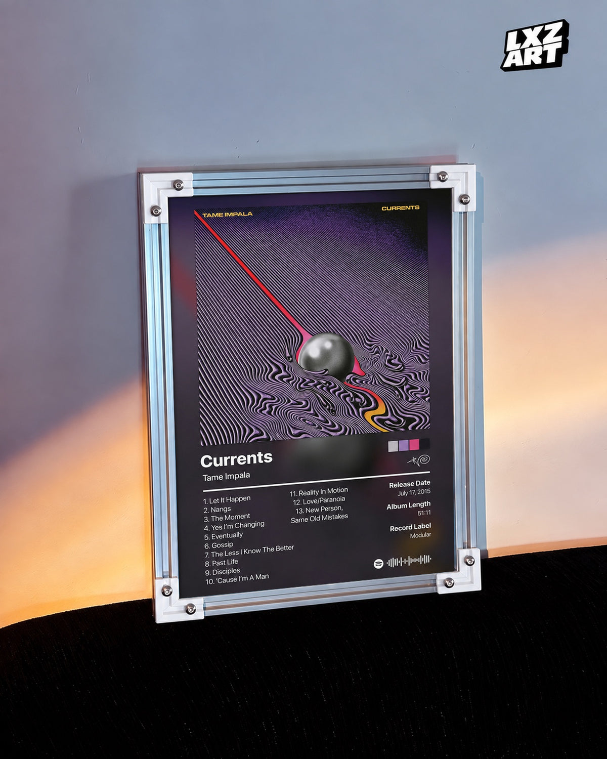 Tame Impala Currents Tracklist Poster — warm light wall; frame for display only