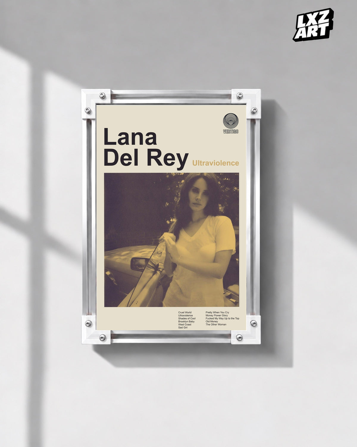 Lana Del Rey Ultraviolence Minimalist Album Poster — gray wall front view; frame for display only