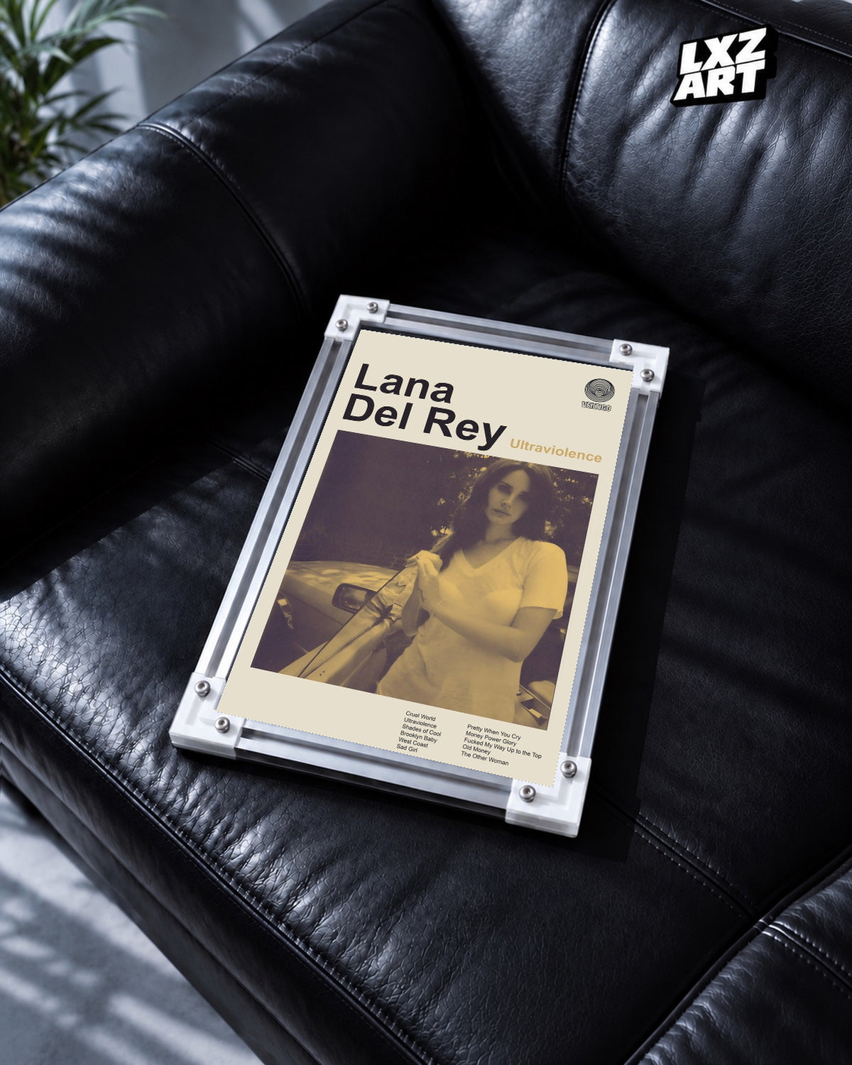 Lana Del Rey Ultraviolence Minimalist Album Poster — black leather sofa; frame for display only
