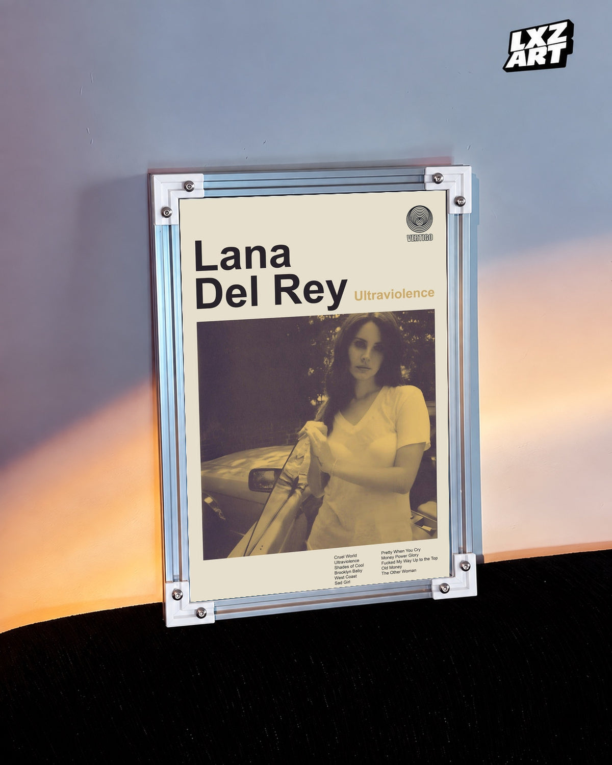 Lana Del Rey Ultraviolence Minimalist Album Poster — warm light wall; frame for display only