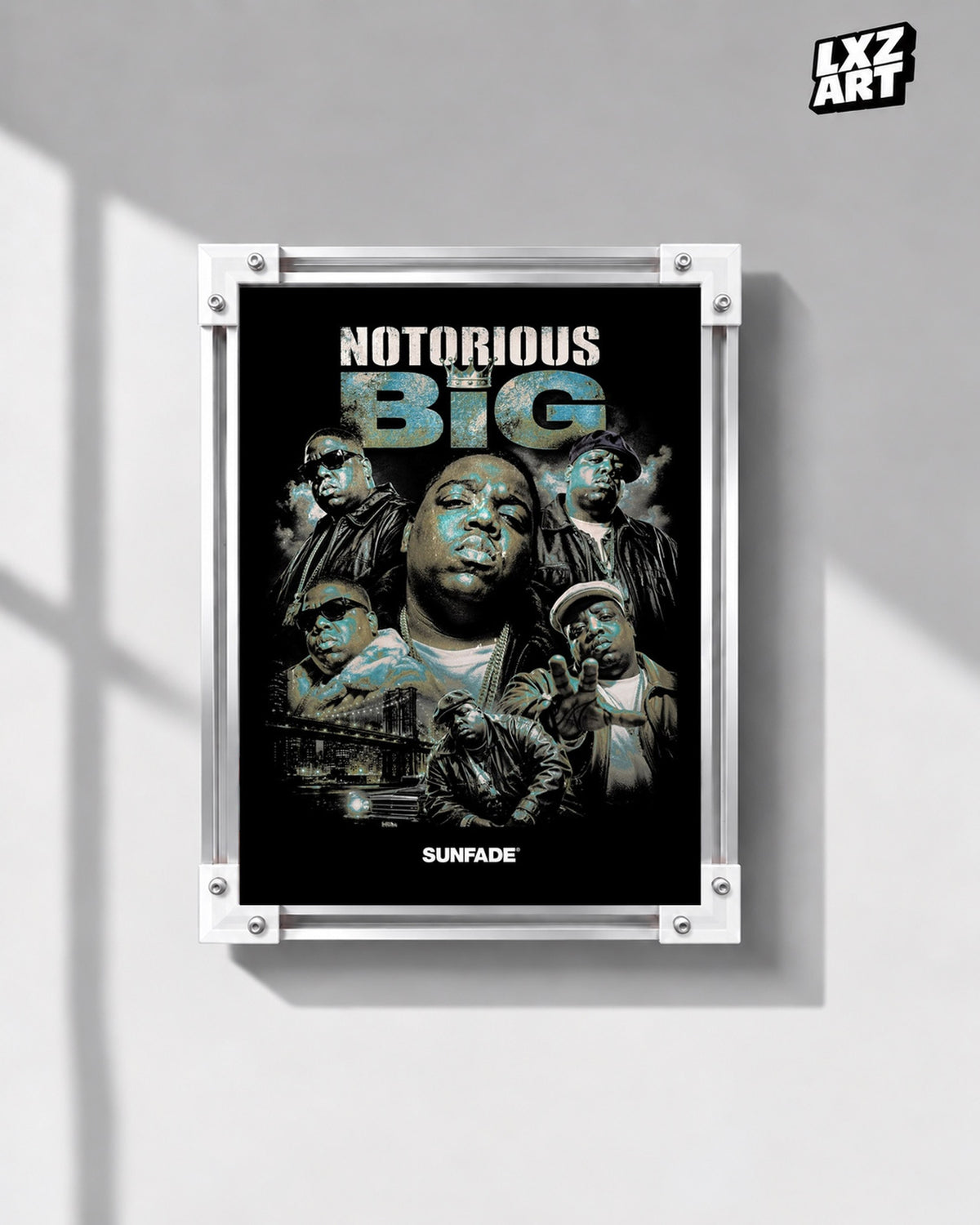 The Notorious B.I.G. Teal Portrait Collage Poster — gray wall front view; frame for display only