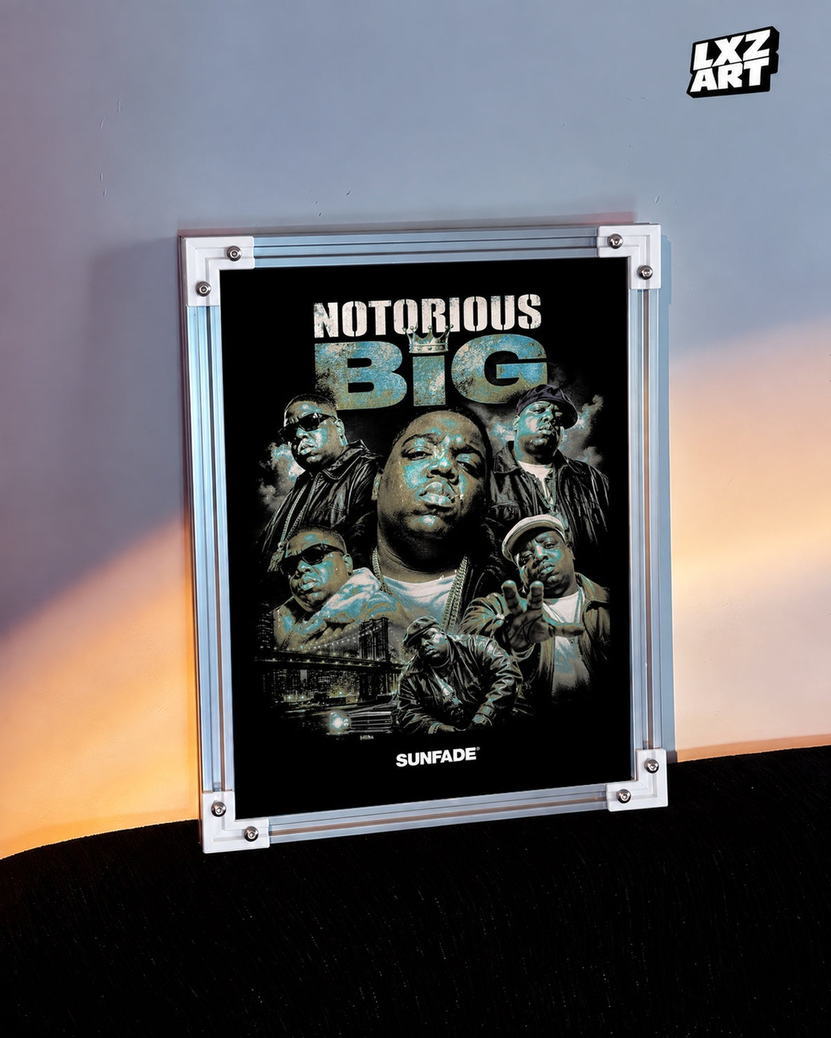 The Notorious B.I.G. Teal Portrait Collage Poster — warm light wall; frame for display only