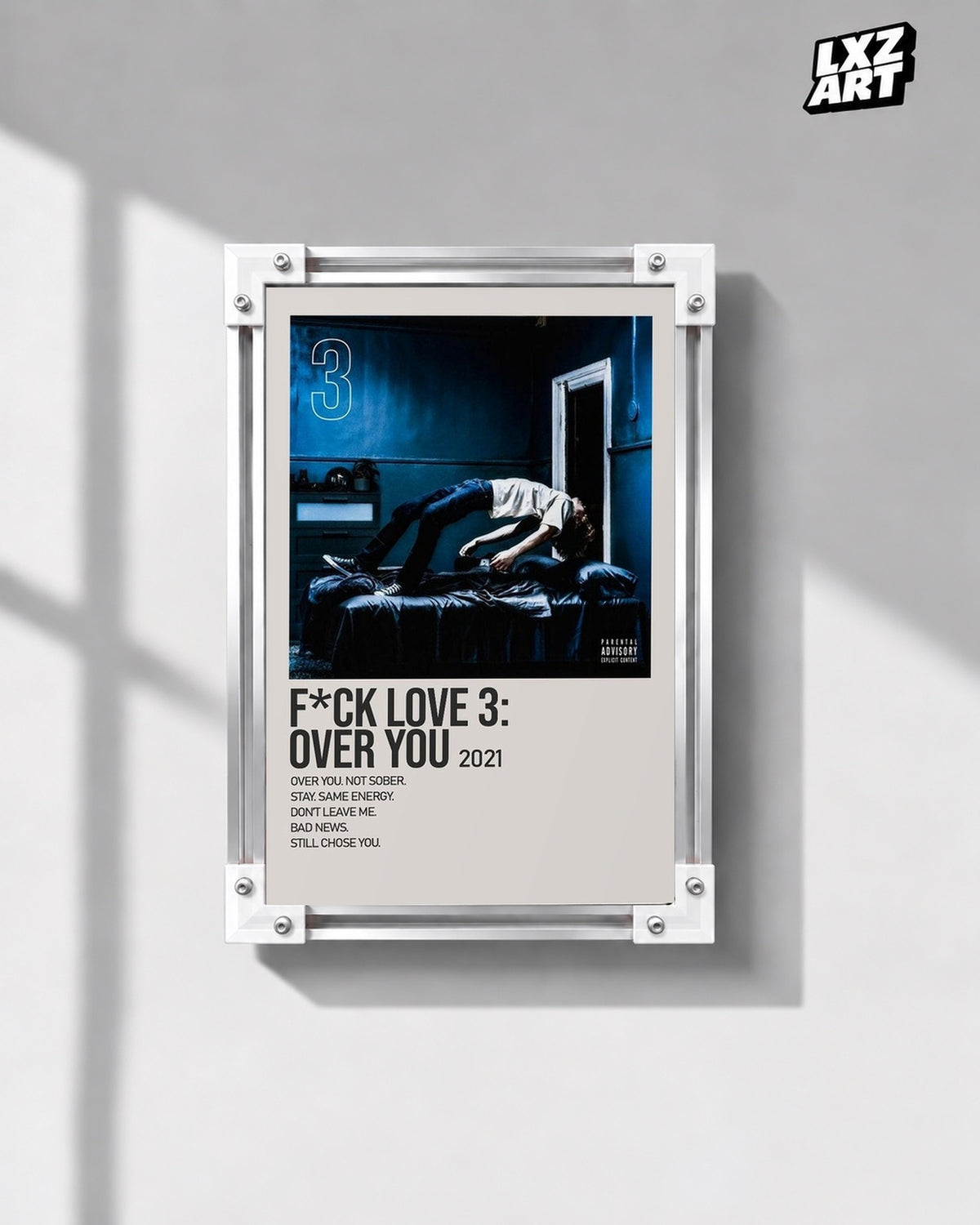 The Kid LAROI F*CK LOVE 3: OVER YOU Blue Room Tracklist Poster — gray wall front view; frame for display only