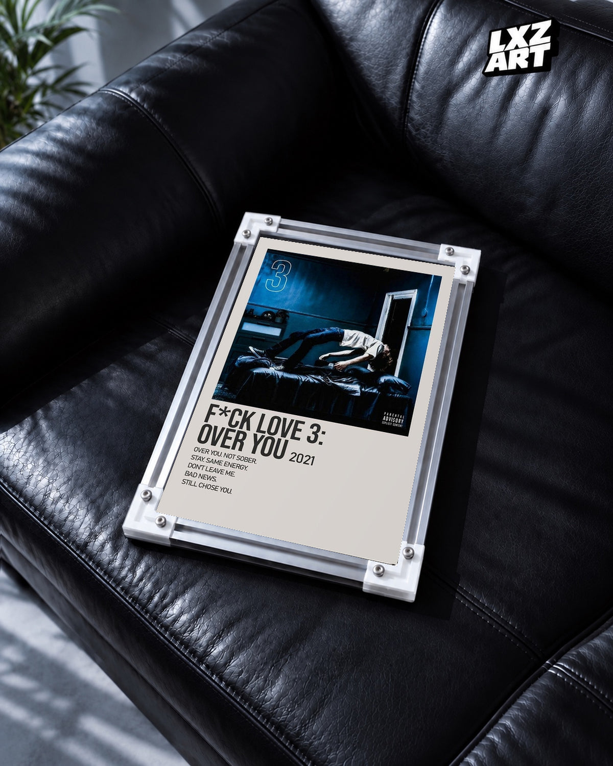 The Kid LAROI F*CK LOVE 3: OVER YOU Blue Room Tracklist Poster — black leather sofa; frame for display only