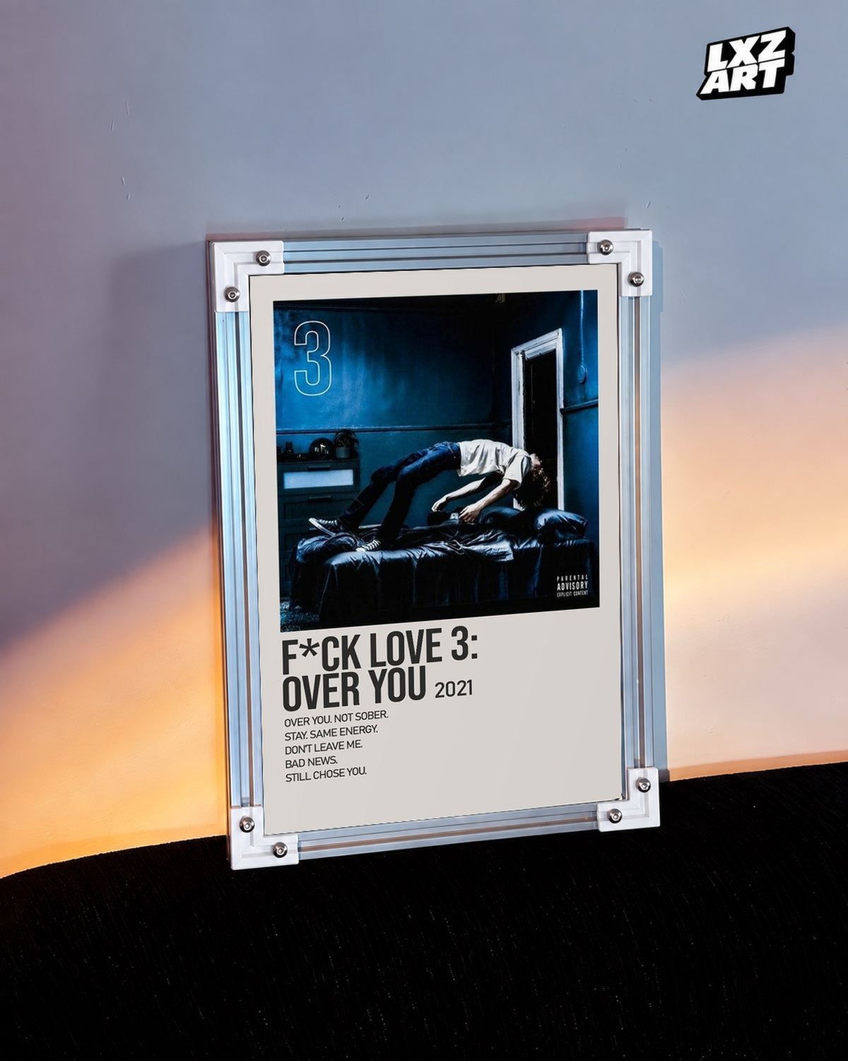 The Kid LAROI F*CK LOVE 3: OVER YOU Blue Room Tracklist Poster — warm light wall; frame for display only