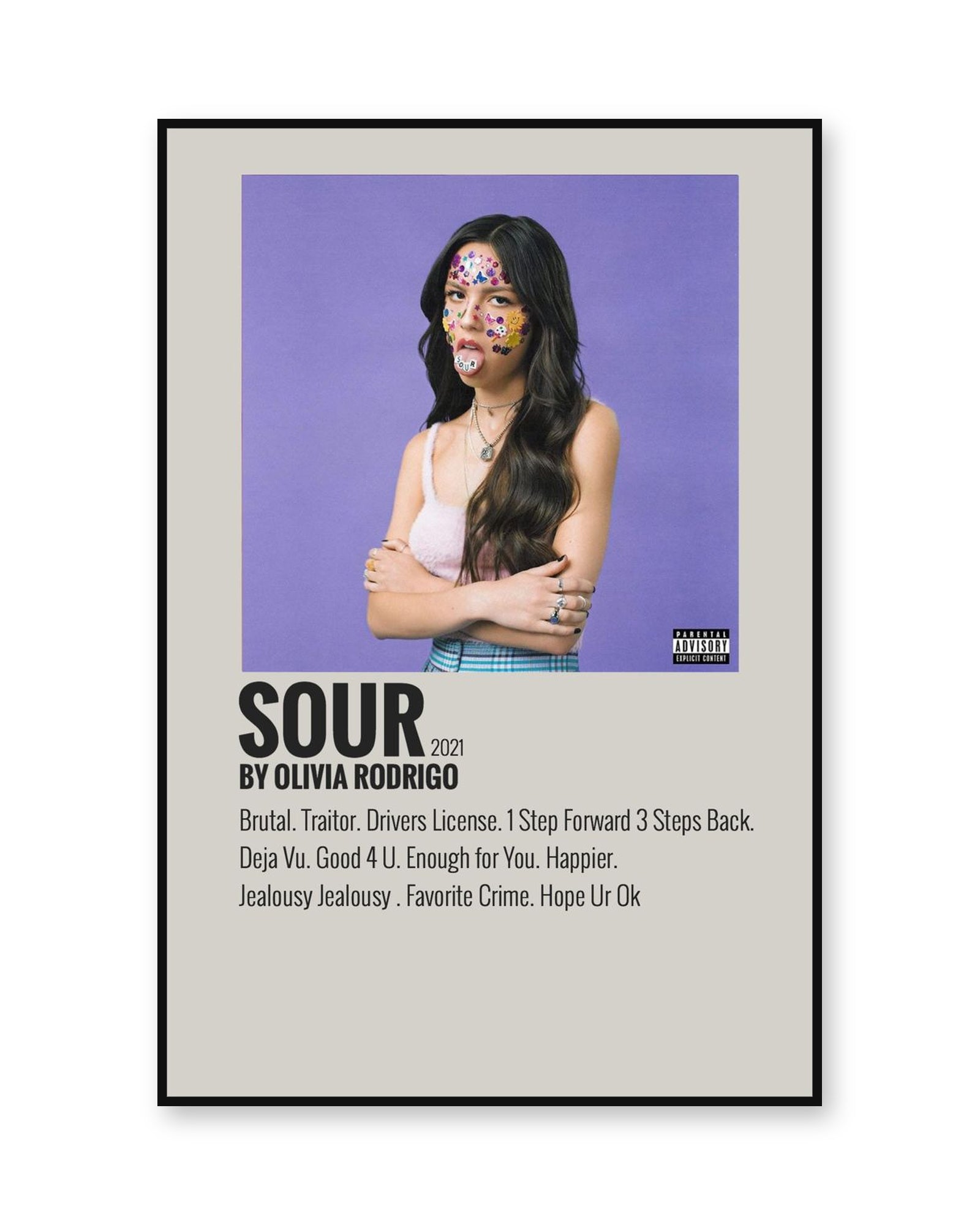 Olivia Rodrigo SOUR Minimalist Album Tracklist Poster | Unframed Wall Art - white background product image
