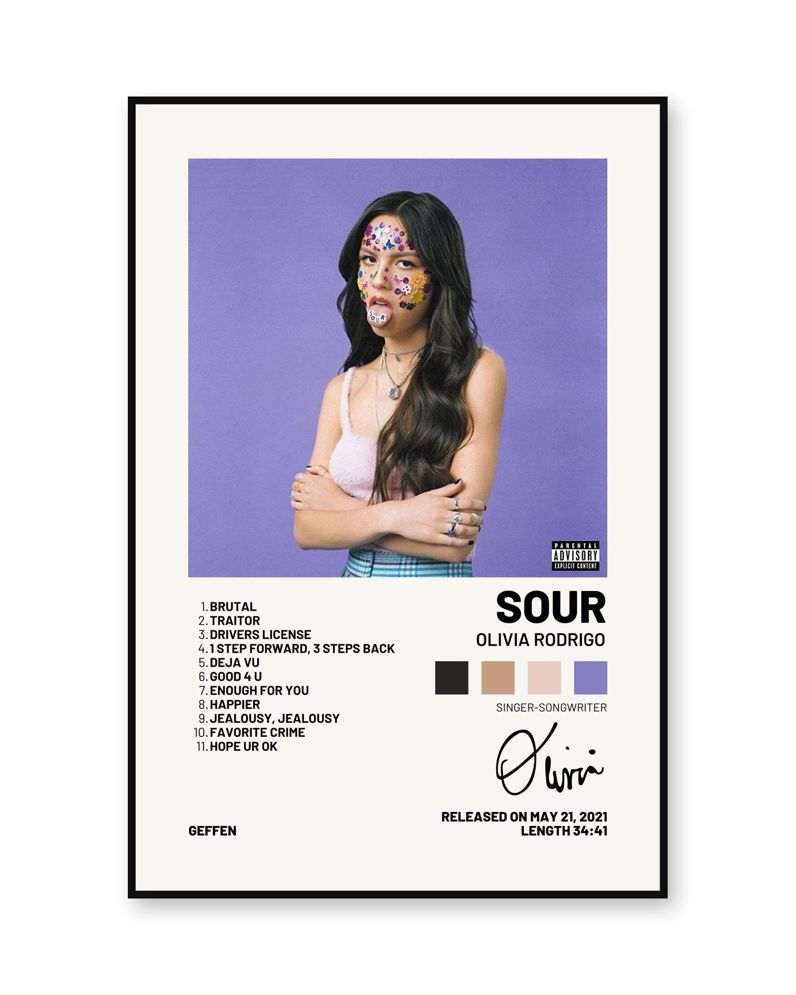 Olivia Rodrigo SOUR Palette Tracklist Album Poster | Unframed Wall Art - white background product image