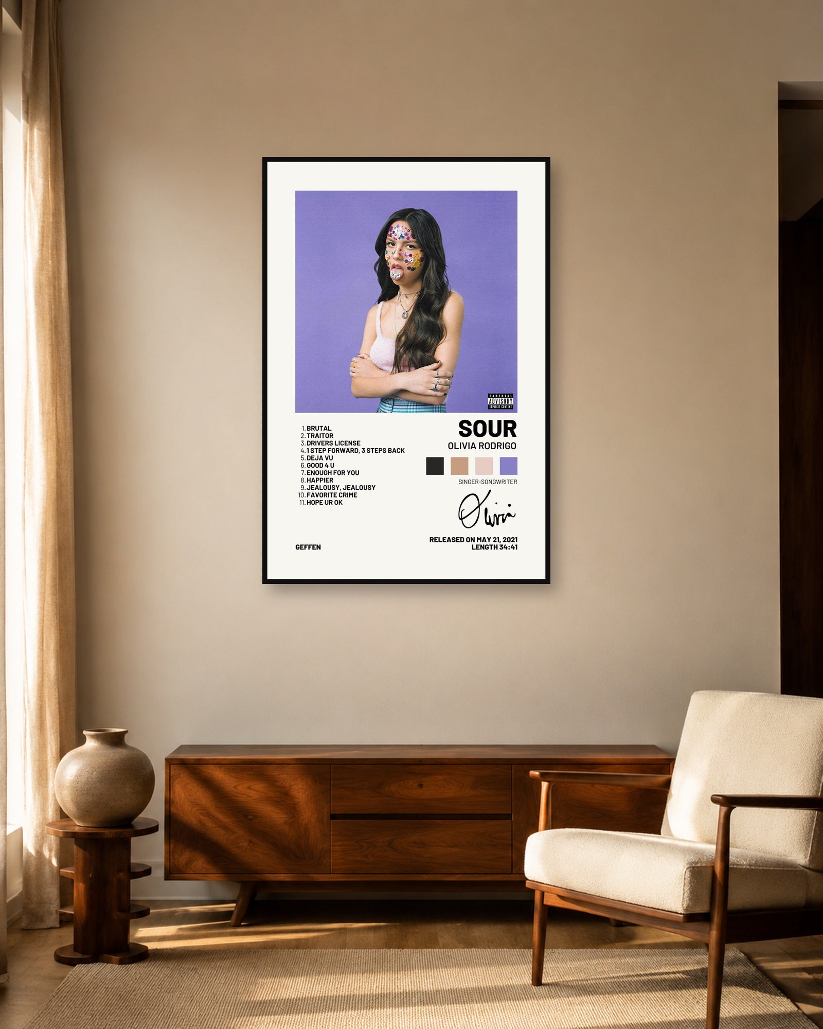 Olivia Rodrigo SOUR Palette Tracklist Album Poster | Unframed Wall Art - living room mockup