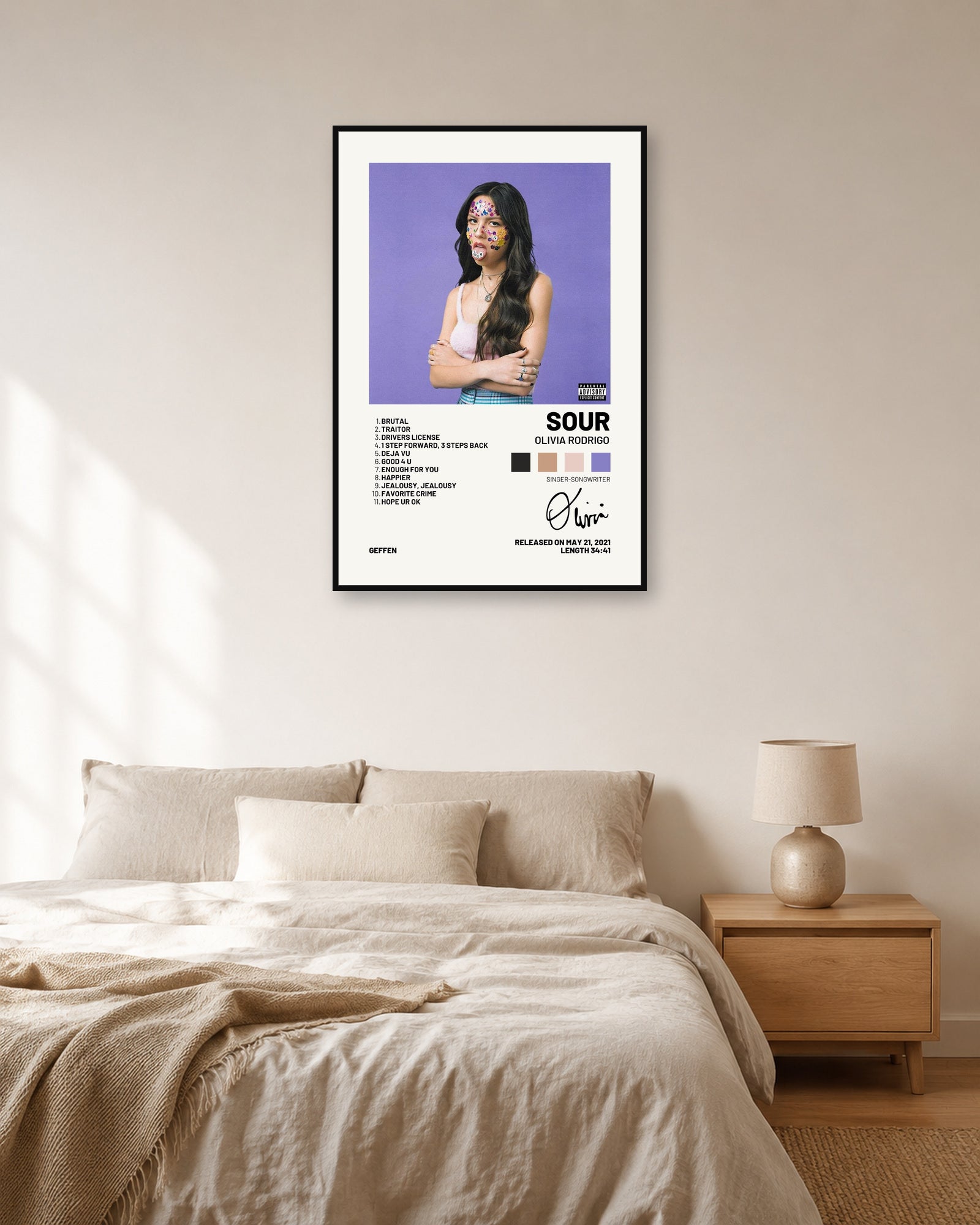 Olivia Rodrigo SOUR Palette Tracklist Album Poster | Unframed Wall Art - bedroom mockup