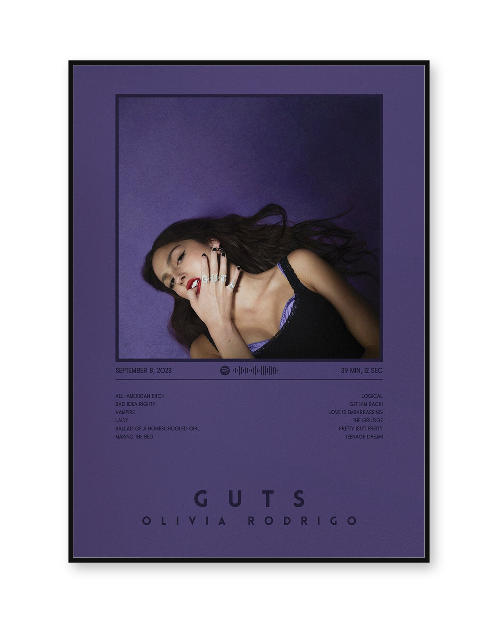 Olivia Rodrigo GUTS Dark Purple Album Tracklist Poster | Unframed Wall Art - white background product image