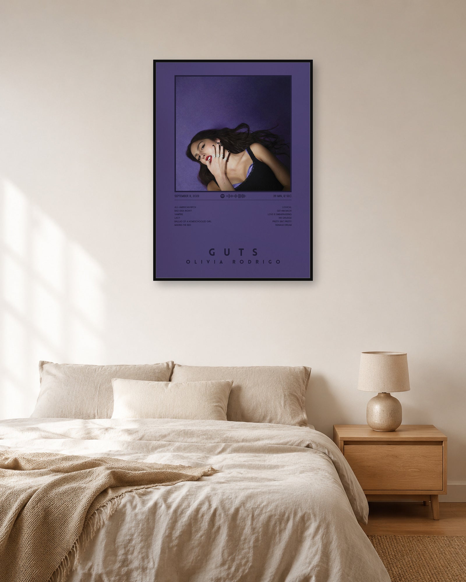 Olivia Rodrigo GUTS Dark Purple Album Tracklist Poster | Unframed Wall Art - bedroom mockup