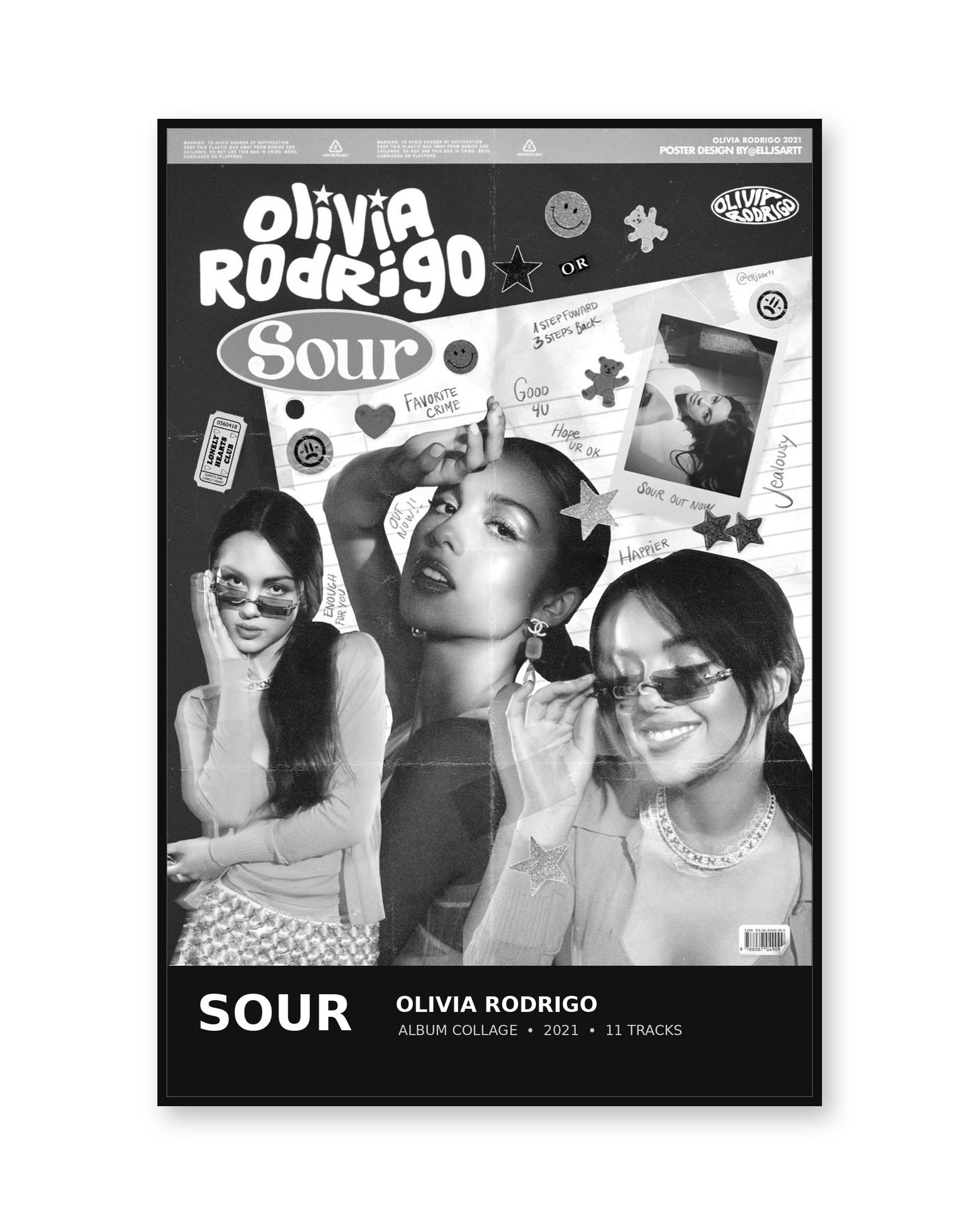 Olivia Rodrigo SOUR Black & White Collage Album Poster | Unframed Wall Art - white background product image