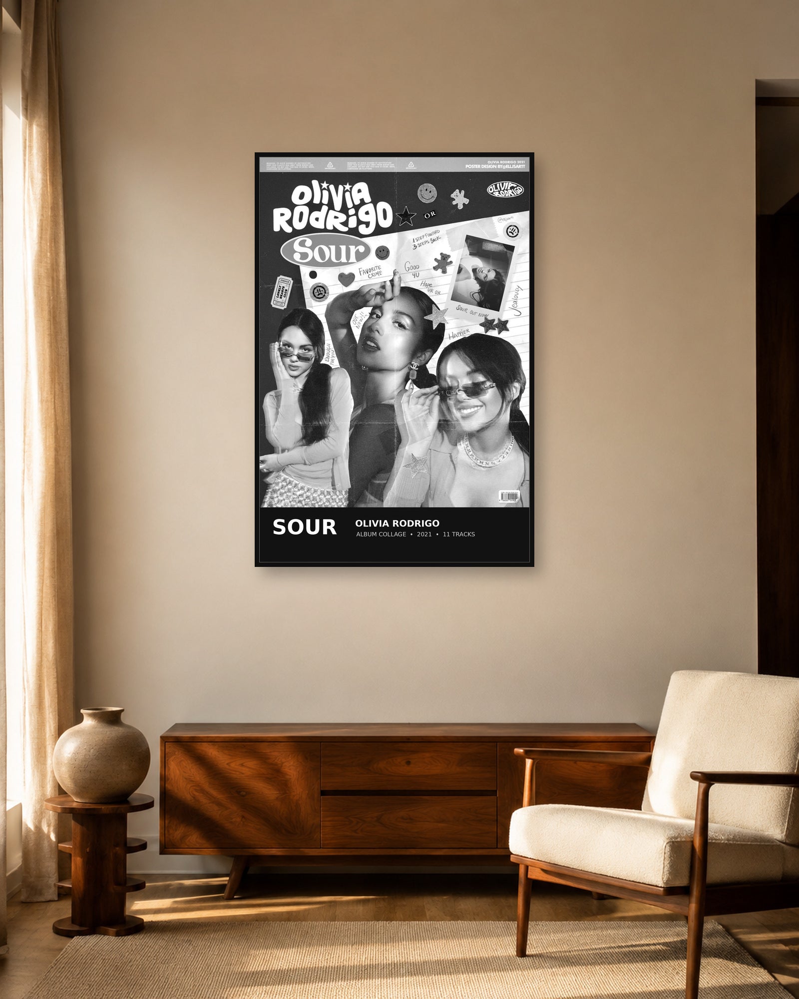 Olivia Rodrigo SOUR Black & White Collage Album Poster | Unframed Wall Art - living room mockup