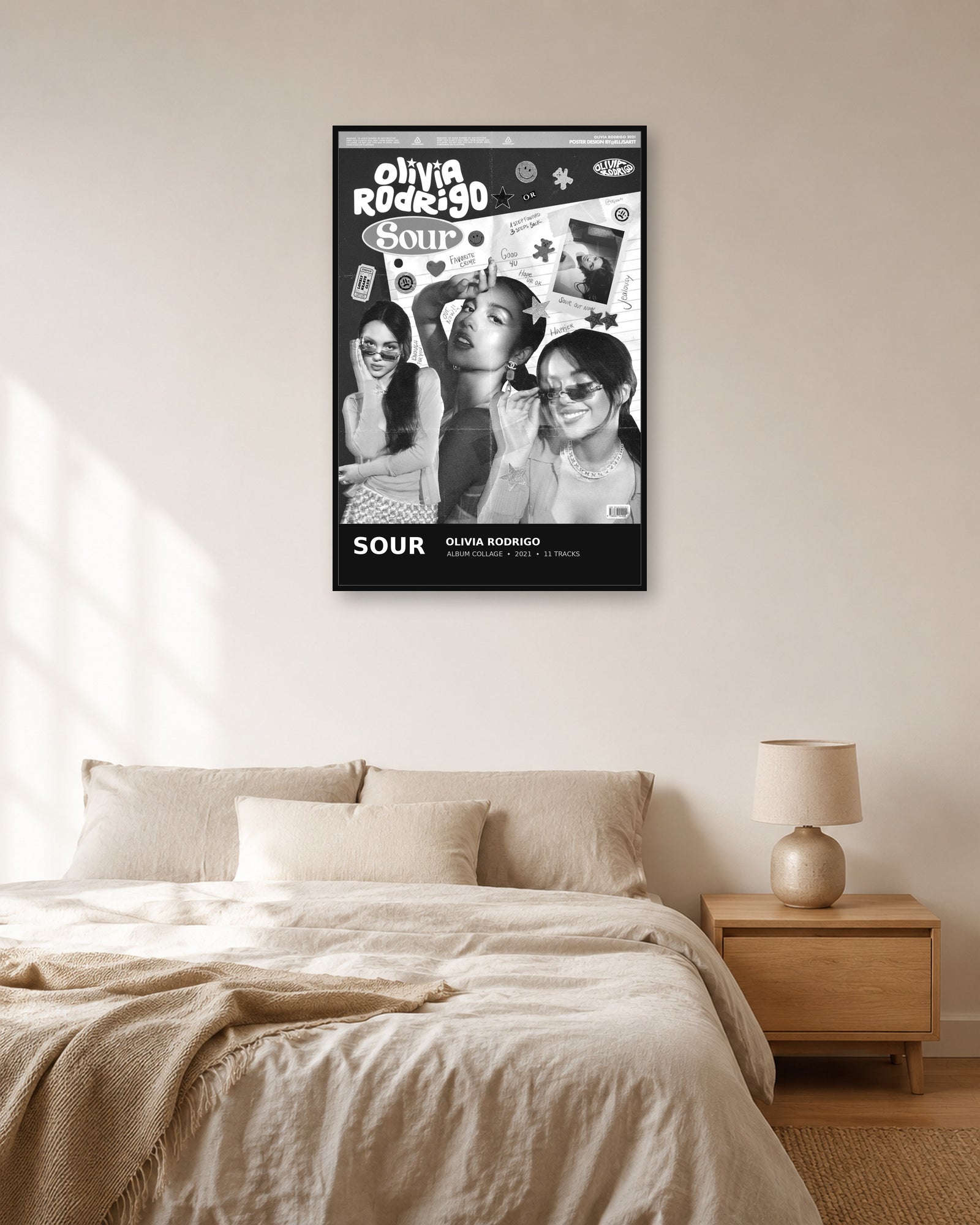 Olivia Rodrigo SOUR Black & White Collage Album Poster | Unframed Wall Art - bedroom mockup