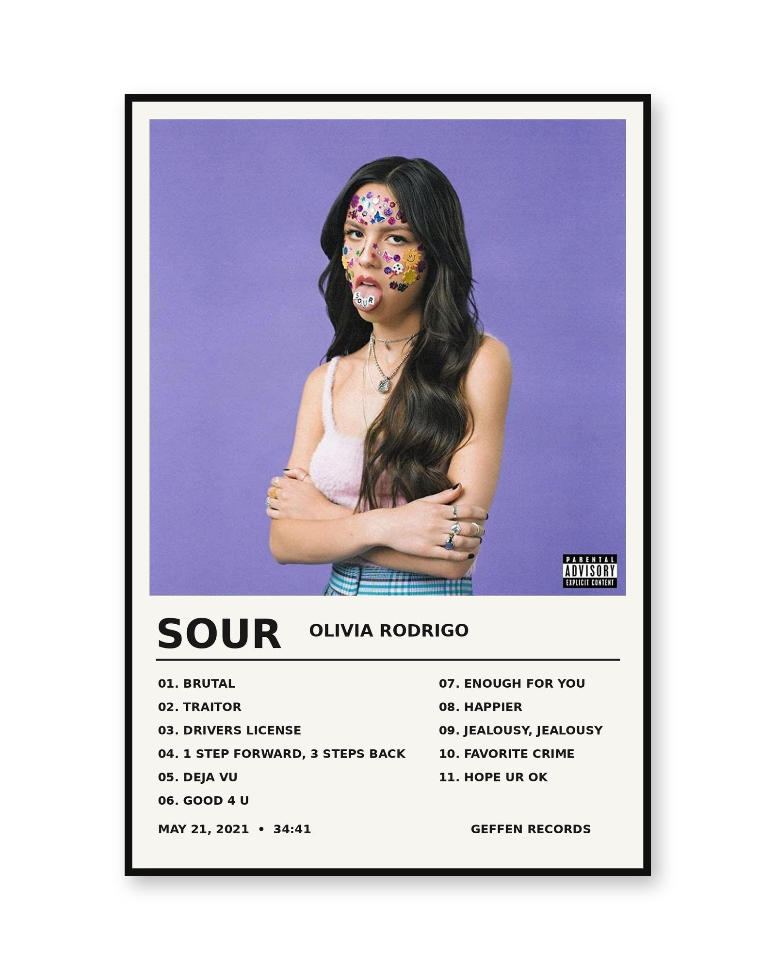 Olivia Rodrigo SOUR Album Stats Tracklist Poster | Unframed Wall Art - white background product image