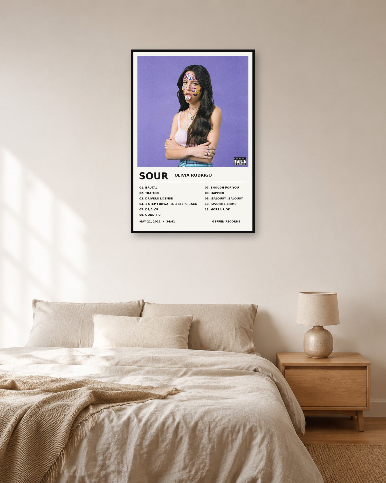 Olivia Rodrigo SOUR Album Stats Tracklist Poster | Unframed Wall Art - bedroom mockup