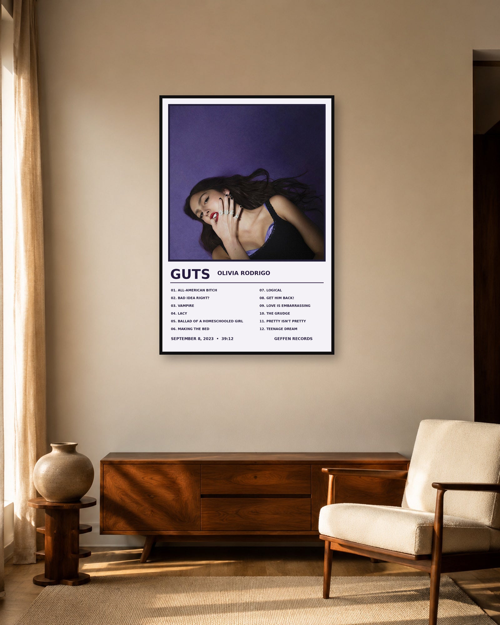 Olivia Rodrigo GUTS Album Tracklist Poster | Unframed Wall Art - living room mockup
