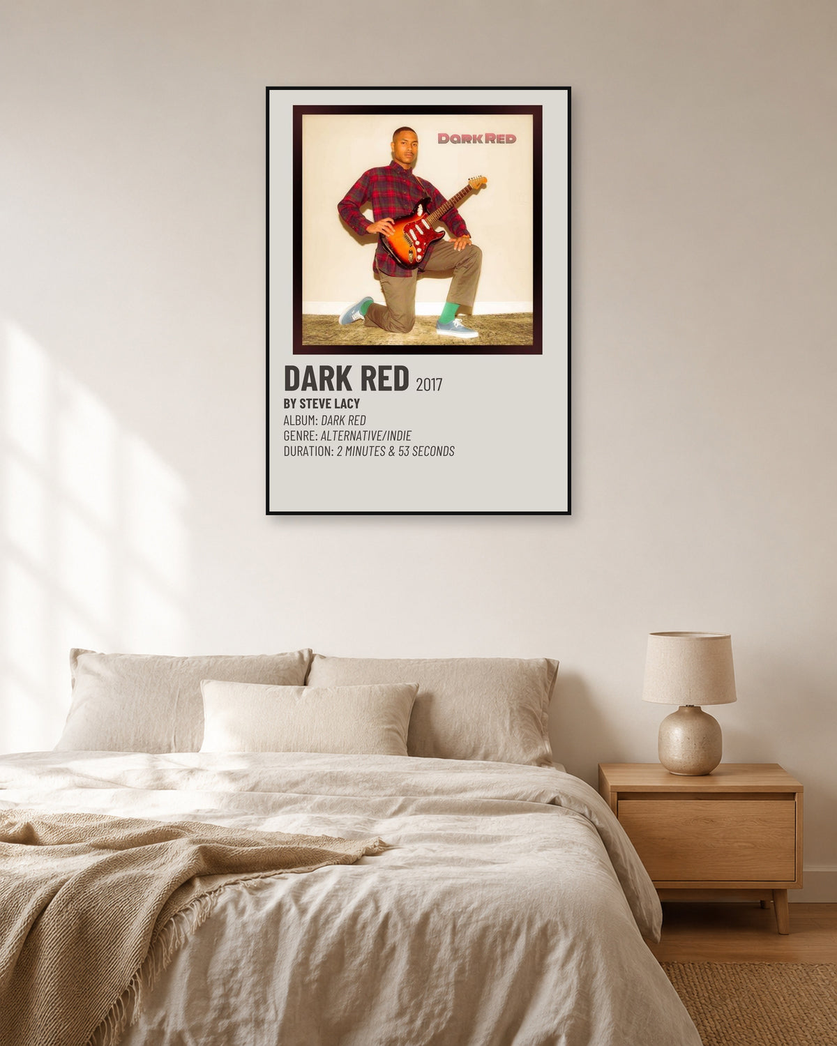 Steve Lacy Dark Red Guitar Portrait poster — natural-light bedroom display