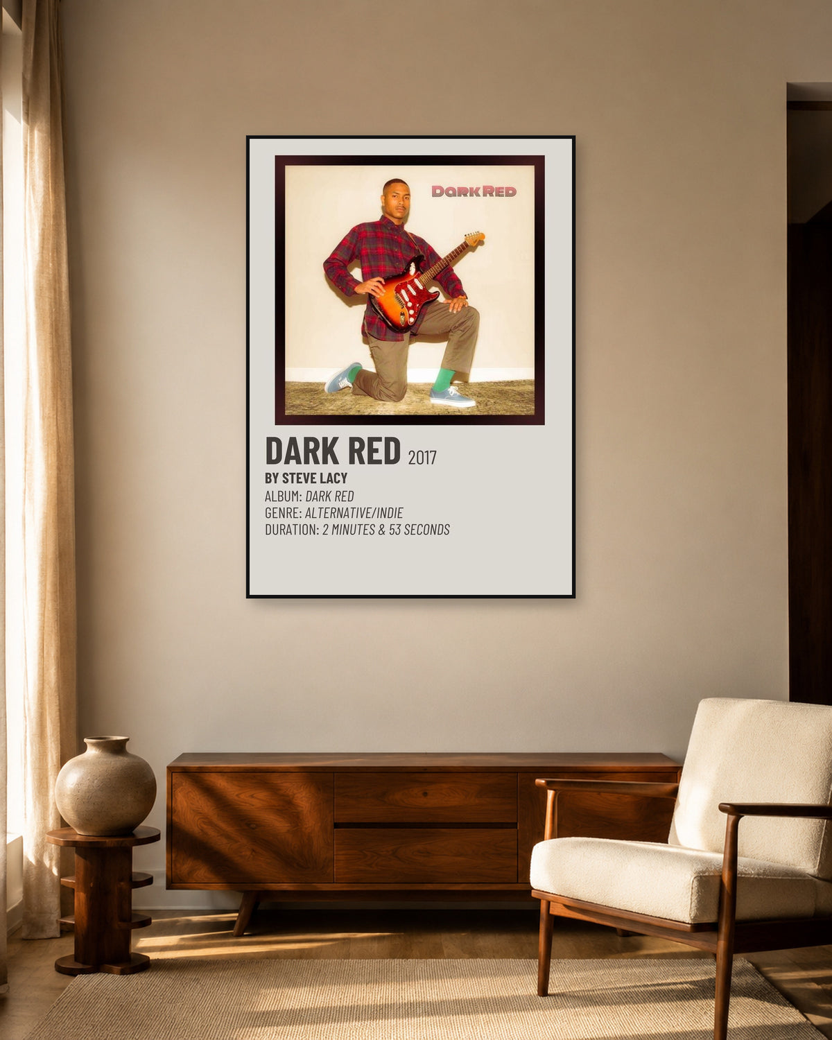 Steve Lacy Dark Red Guitar Portrait poster — warm mid-century living room display