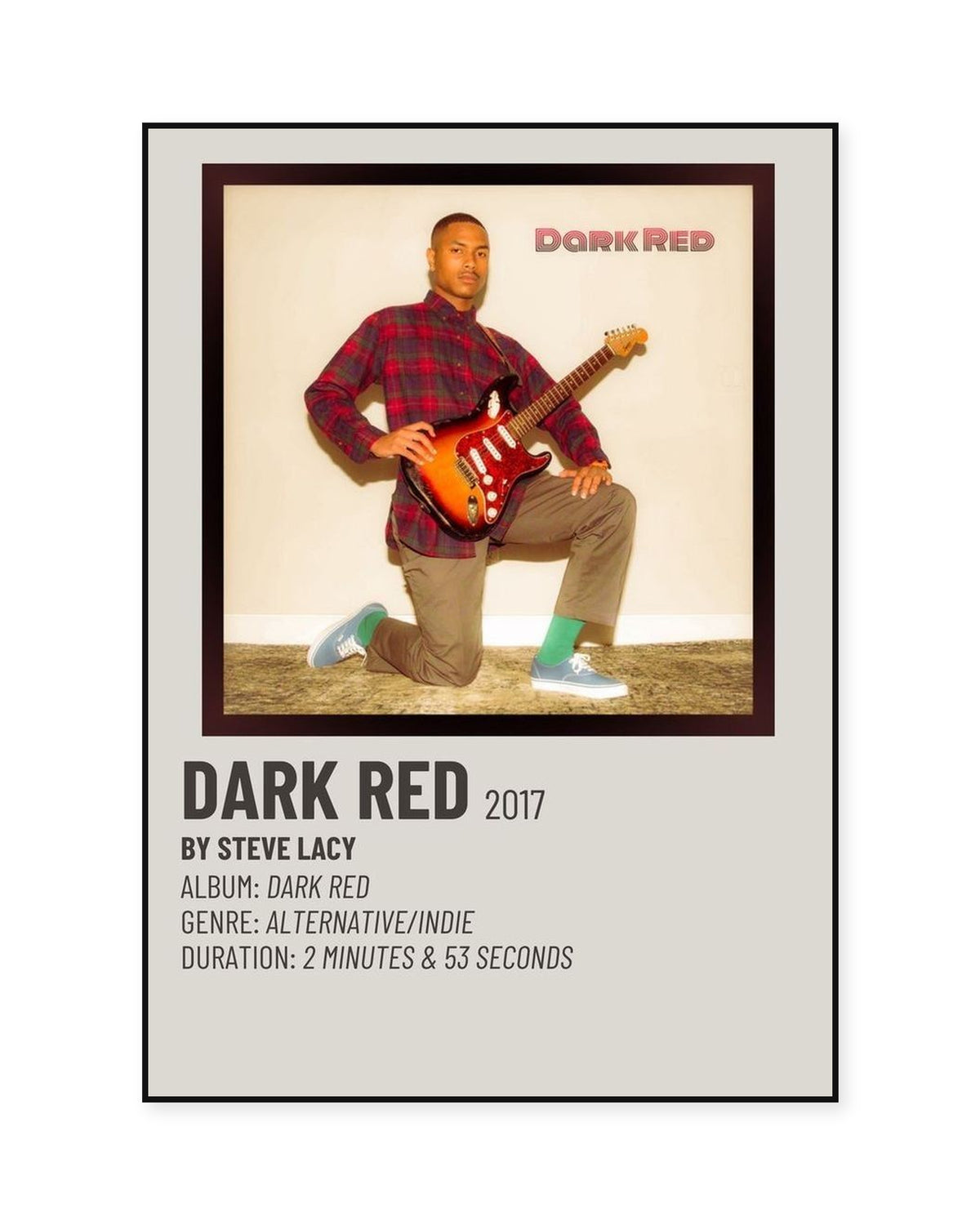 Steve Lacy Dark Red Guitar Portrait poster — front view in a thin black display frame