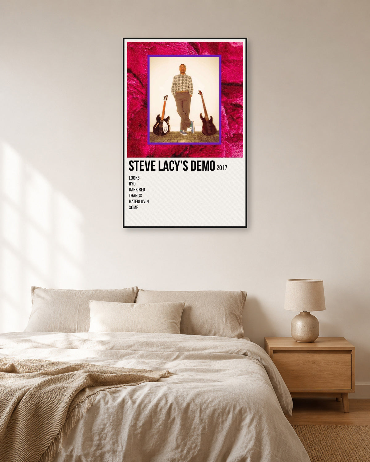 Steve Lacy's Demo Magenta Tracklist poster — natural-light bedroom display