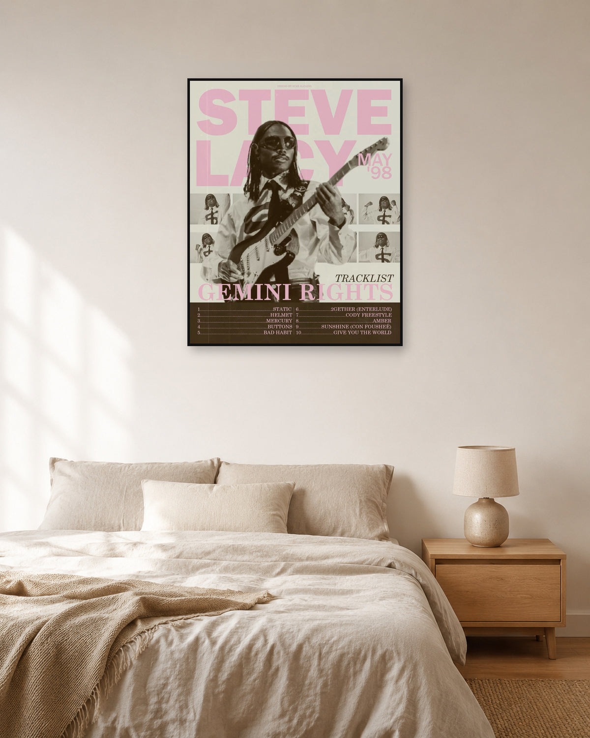 Steve Lacy Gemini Rights Pink Guitar Collage poster — natural-light bedroom display