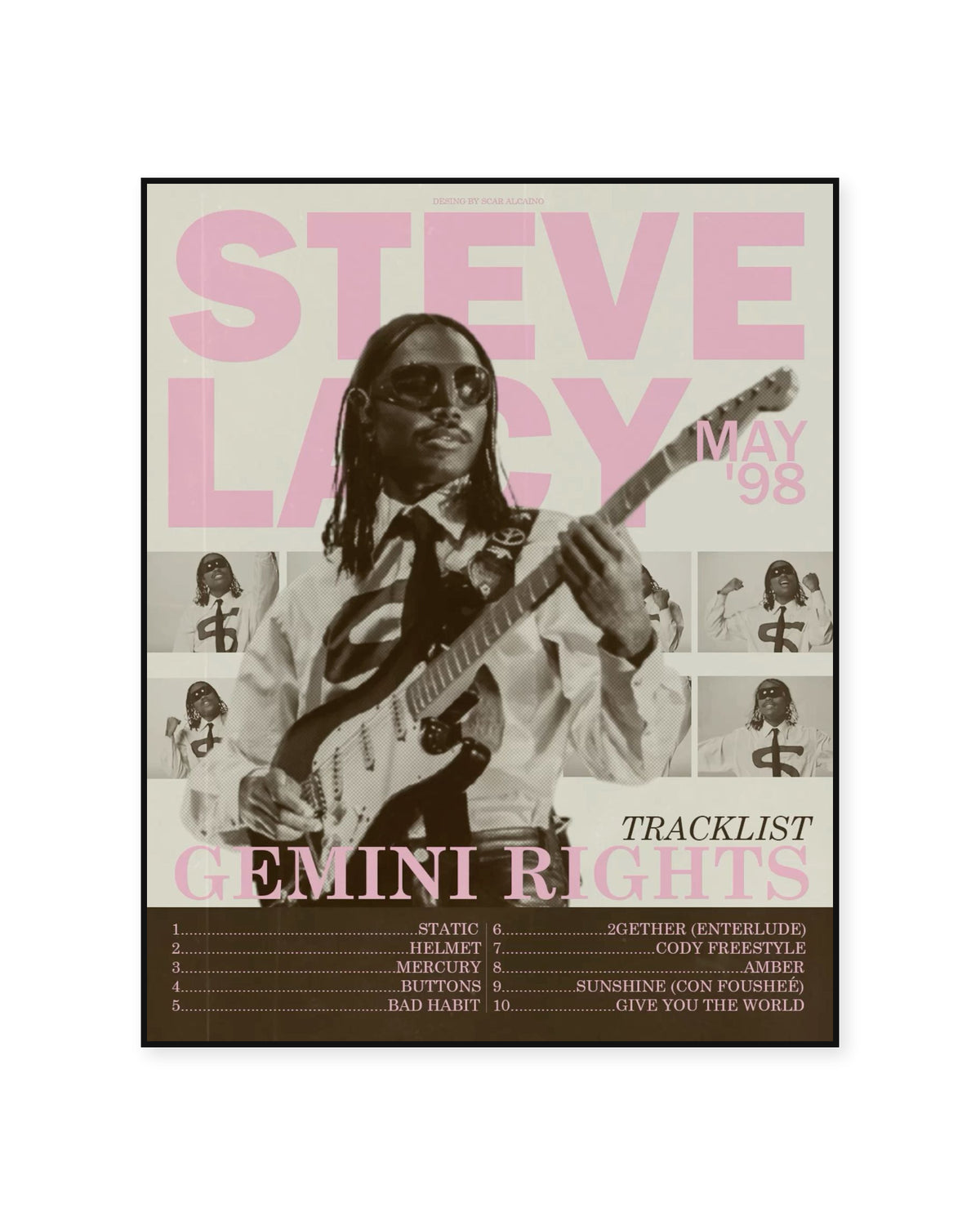 Steve Lacy Gemini Rights Pink Guitar Collage poster — front view in a thin black display frame