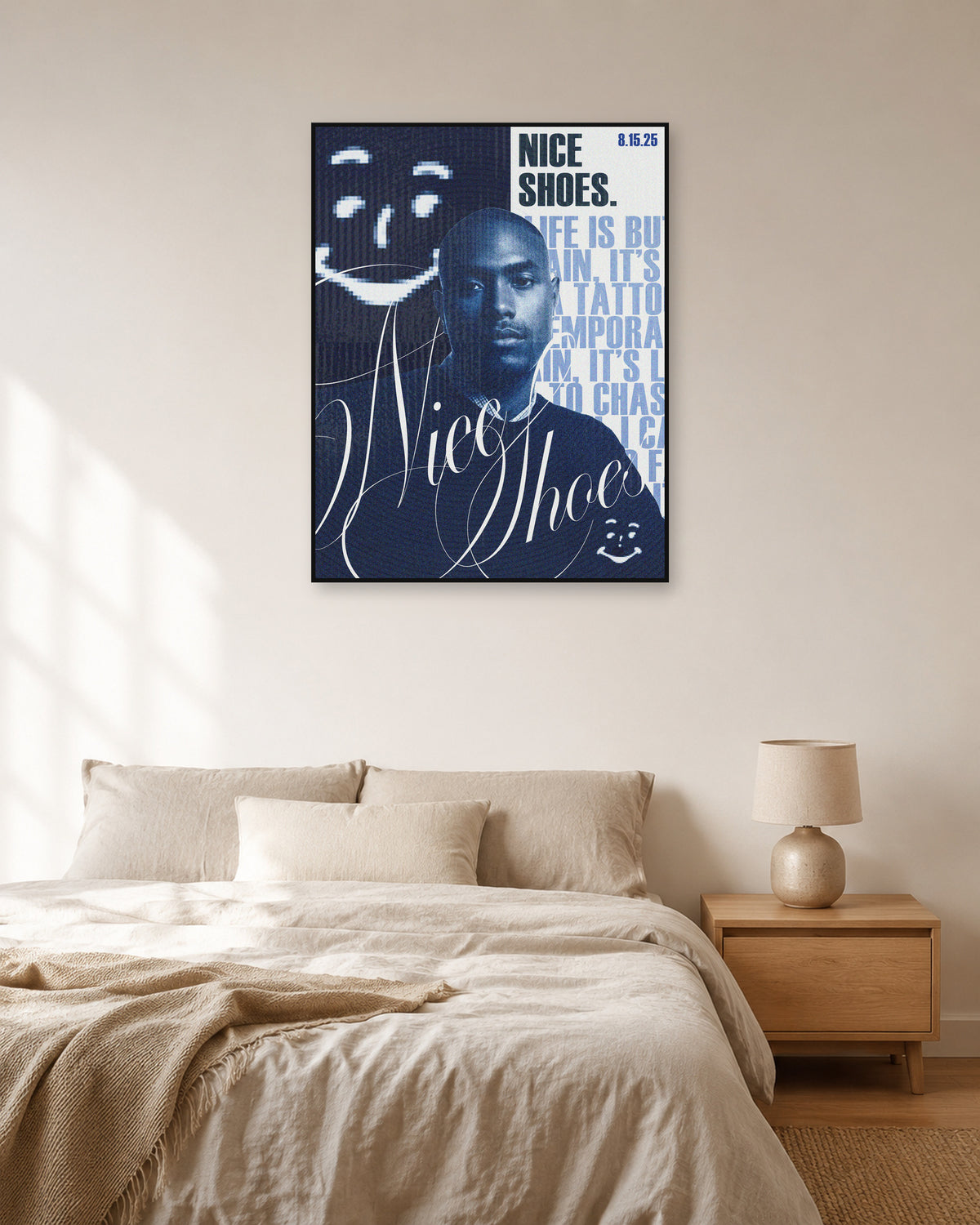Steve Lacy Nice Shoes Blue Typography poster — natural-light bedroom display