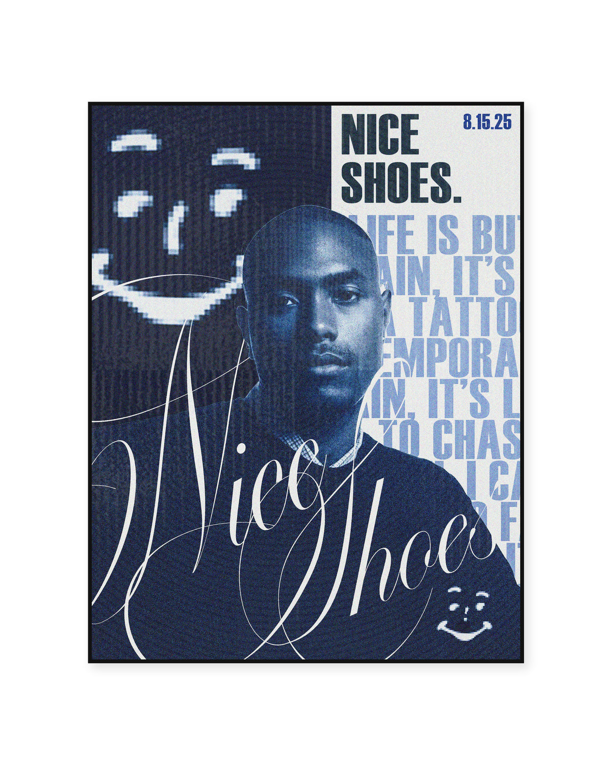 Steve Lacy Nice Shoes Blue Typography poster — front view in a thin black display frame