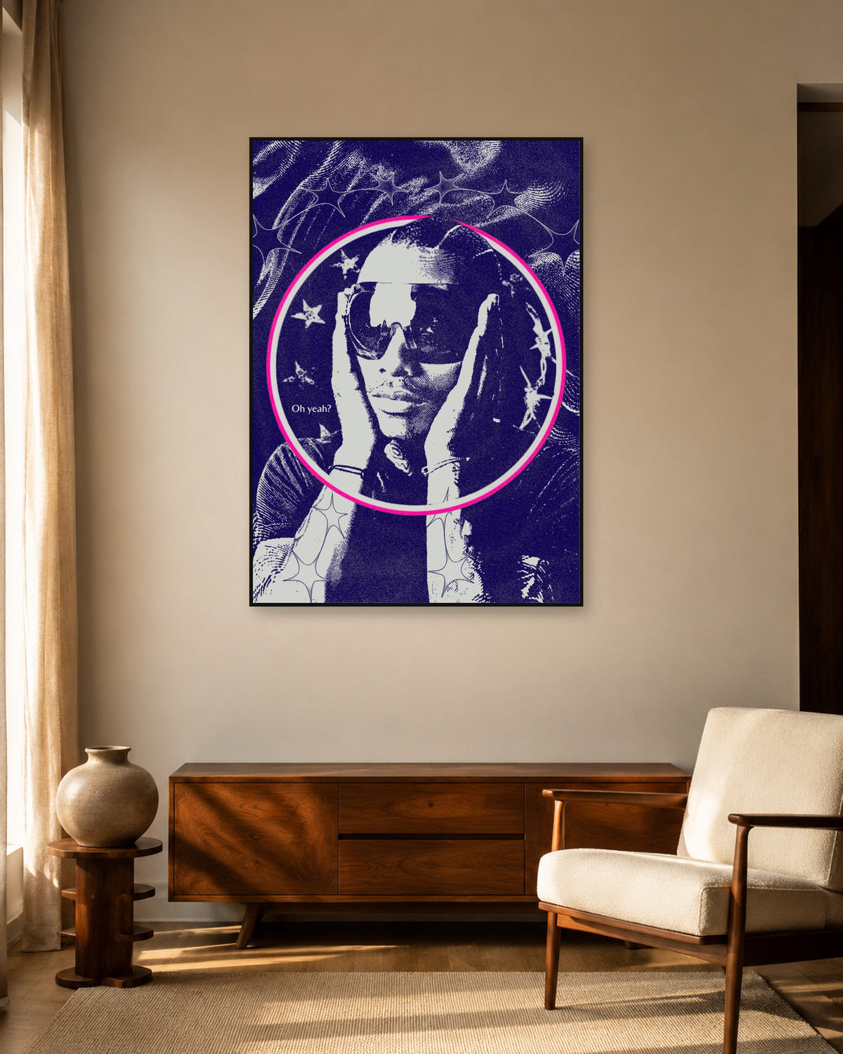 Steve Lacy Oh yeah? Indigo Halo poster — warm mid-century living room display