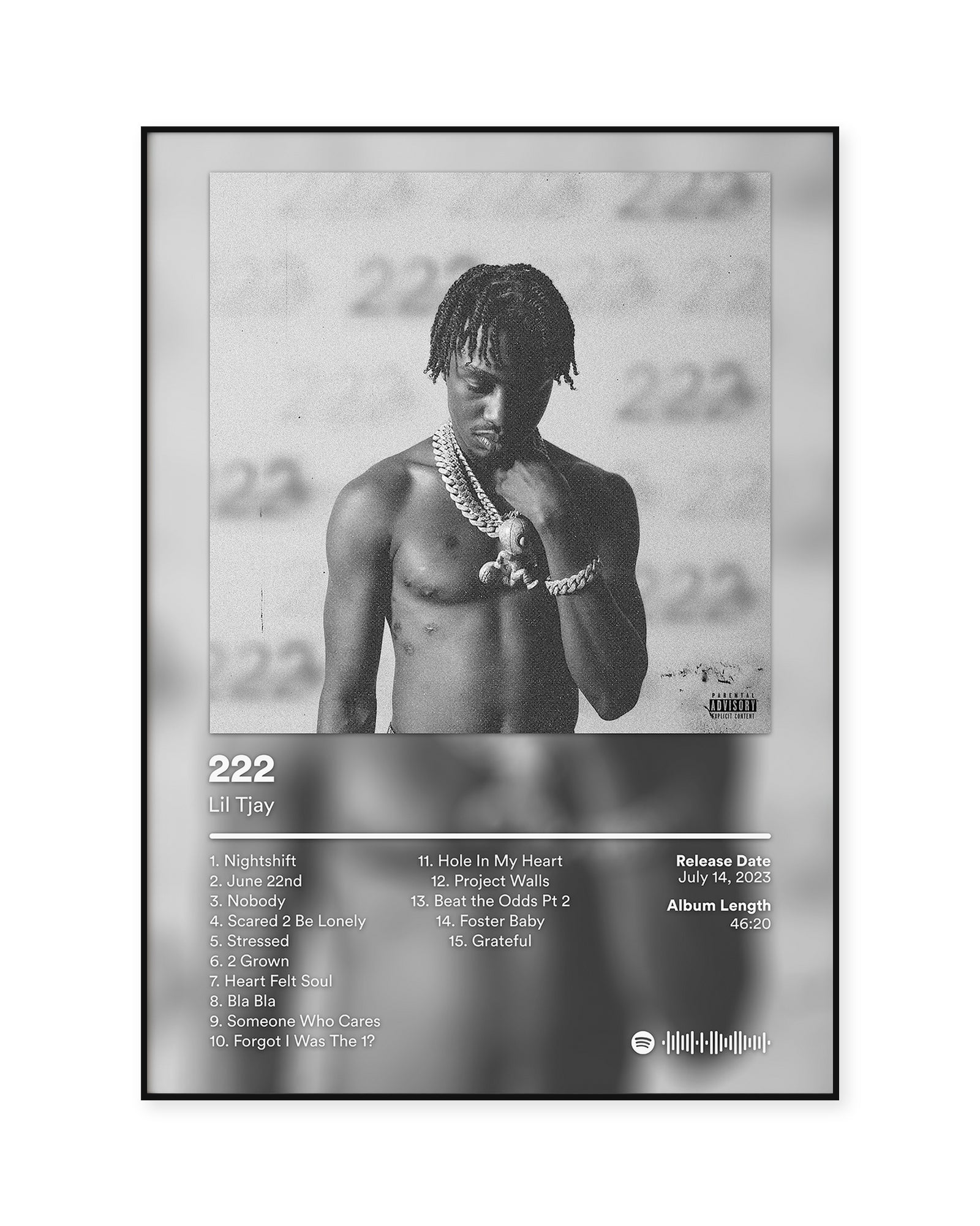 Lil Tjay 222 Monochrome Tracklist poster — front view in a thin black display frame