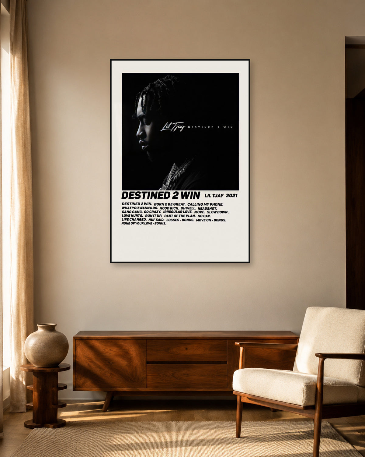 Lil Tjay Destined 2 Win Cream Tracklist poster — warm mid-century living room display