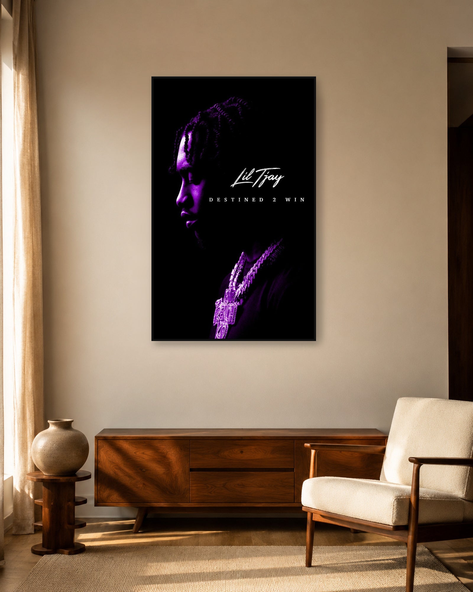 Lil Tjay Destined 2 Win Purple Profile poster — warm mid-century living room display