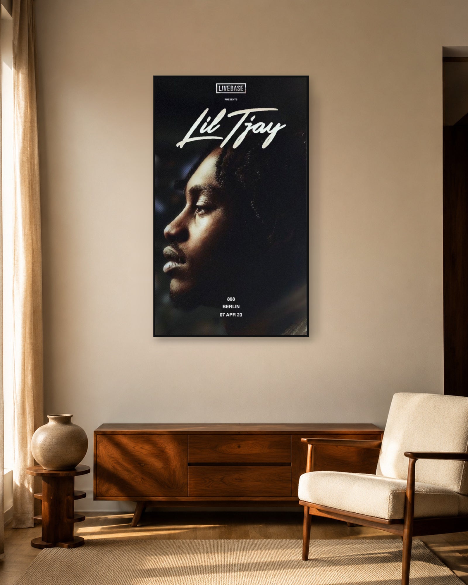 Lil Tjay Livebase Berlin Concert Portrait poster — warm mid-century living room display