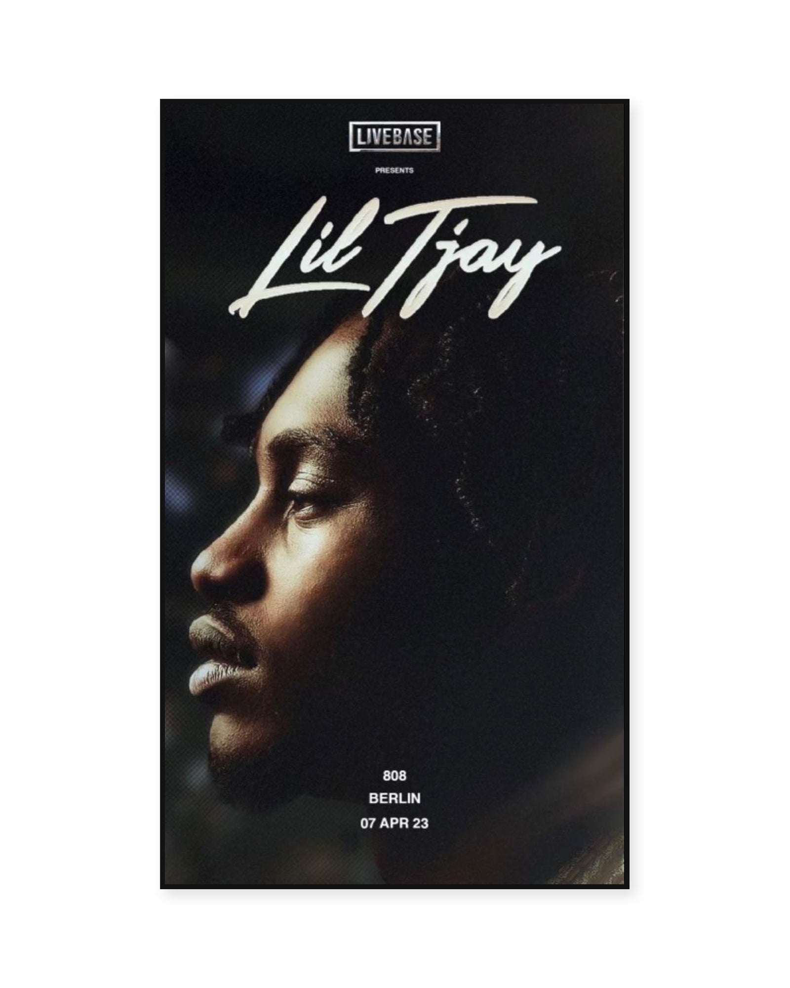 Lil Tjay Livebase Berlin Concert Portrait poster — front view in a thin black display frame